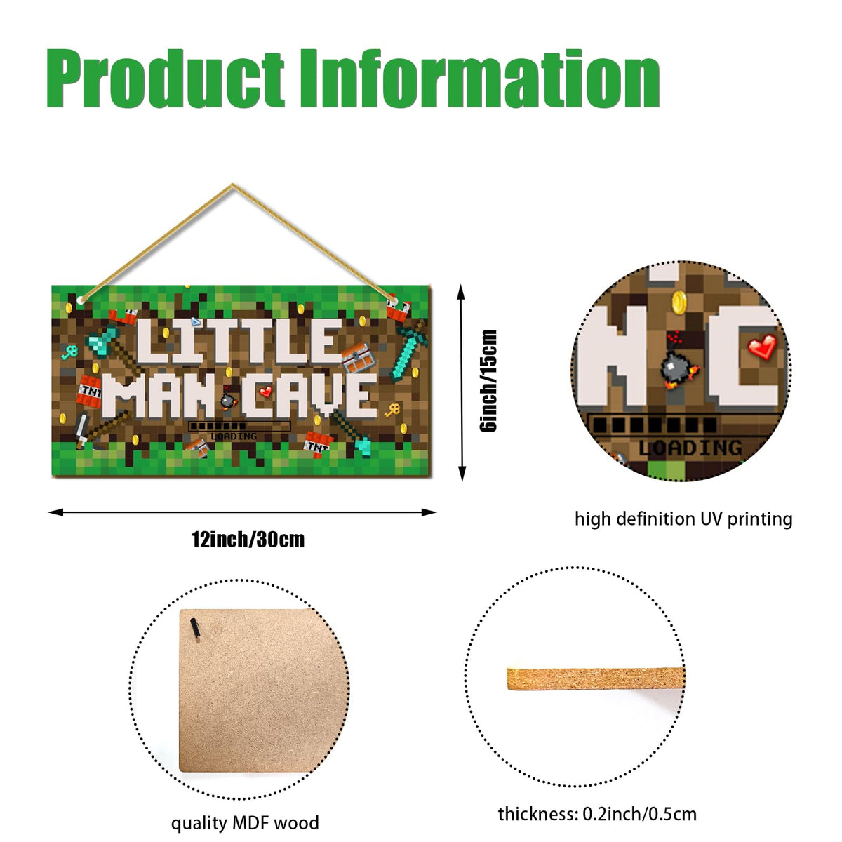 Little Man Cave, Boys Pixel Gaming Room Decor Wooden Door Sign for Gamer Room, Baby Boys Bedroom Wall Decorations for Nursery Toddler Nursery Playroom Wall Art