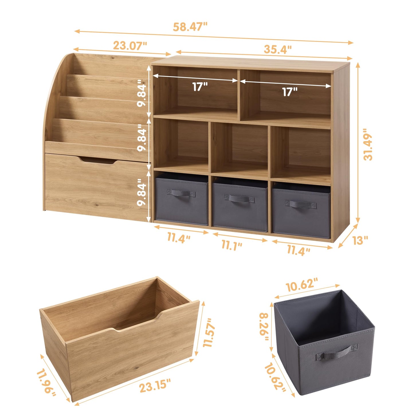 Fatmok Kids Bookshelf and Toy Storage, Toy Storage Organizers with Movable Drawers & 3 Storage Bins, Kids Reading Nook Toy Organizers Shelf with 5 Cubbies, Natral Wood