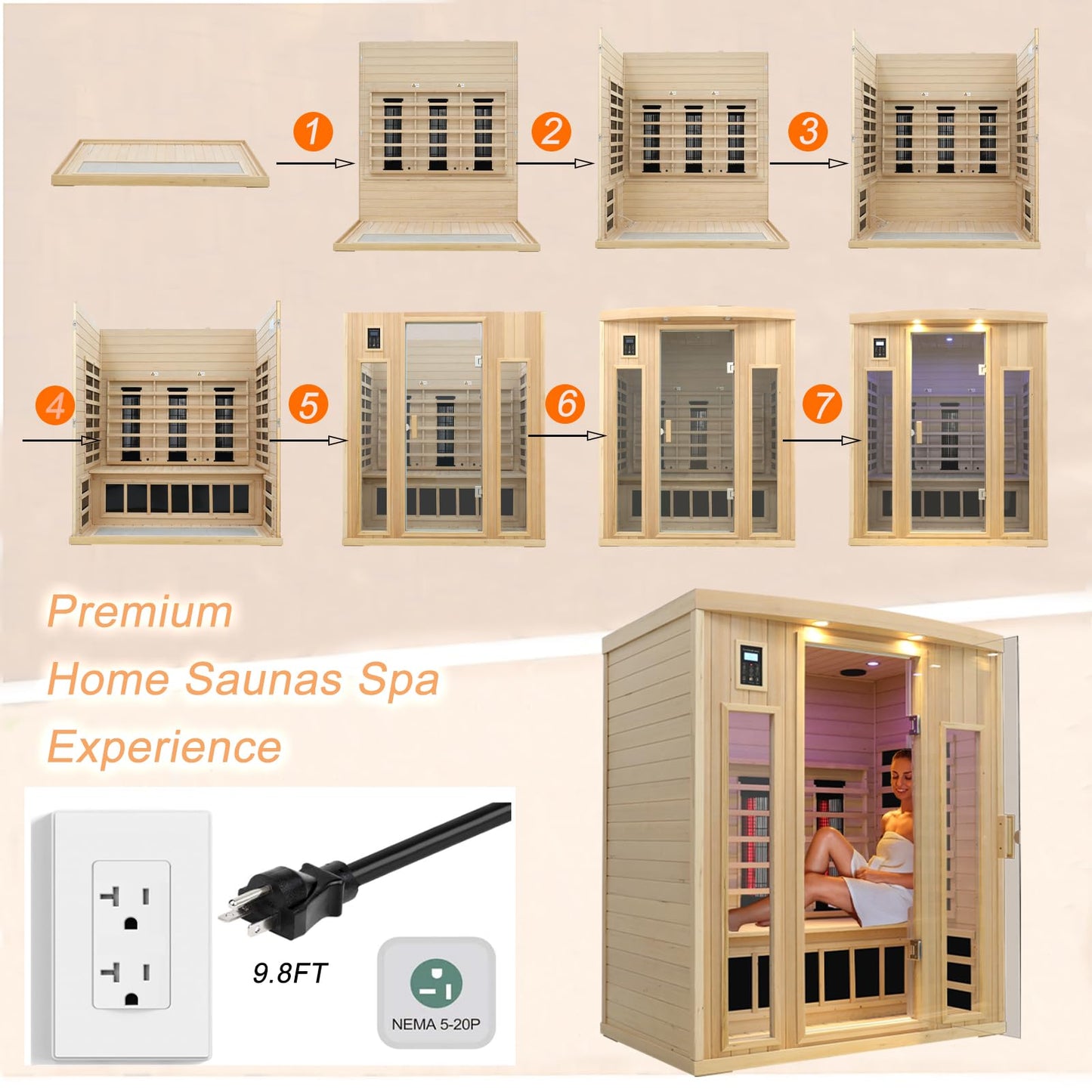 KUNSANA 3 Person Infrared Sauna, Ceramic Infrared Sauna 3 Person, Far Infrared Saunas for Home, Low EMF Infrared Indoor Sauna, Hemlock Wooded Sauna Room, Bluetooth Speakers, Chromotherapy Lights