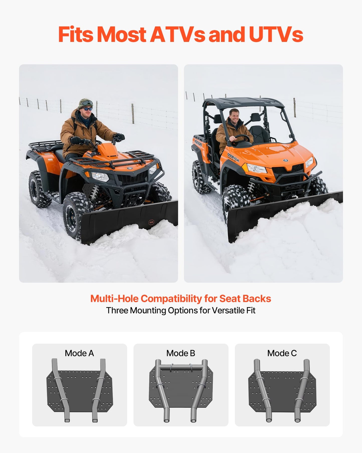 VEVOR Snow Plow Kit, 48in Universal Snow Plow Attachment, Height & Left-Right Adjustable, Quick to Detach, Steel ATV Scrape Blade, 3 Mount Options, Efficient Snows Clearing, for Most ATVs & UTVs
