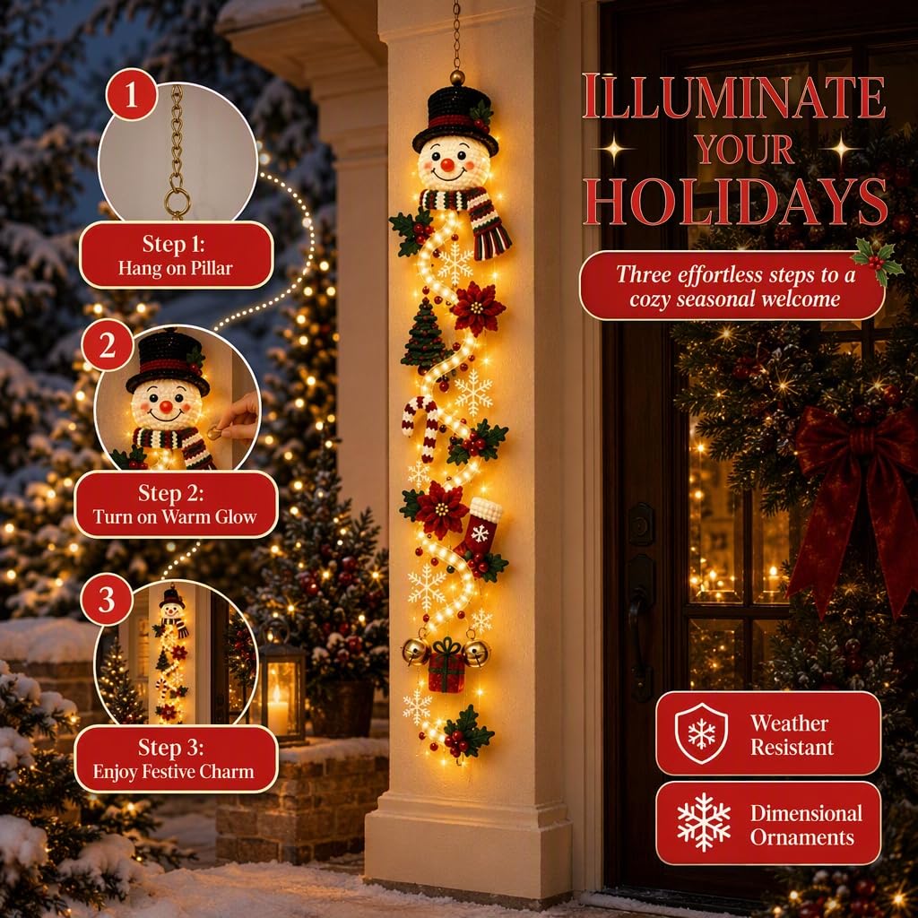 Illuminated Snowman Christmas Door Hanger, Warm Led Lighted 3D Dimensional Holiday Hanging Decor, for Front Door, Porch Column, Wall, Window & Covered Outdoor Entryway，A