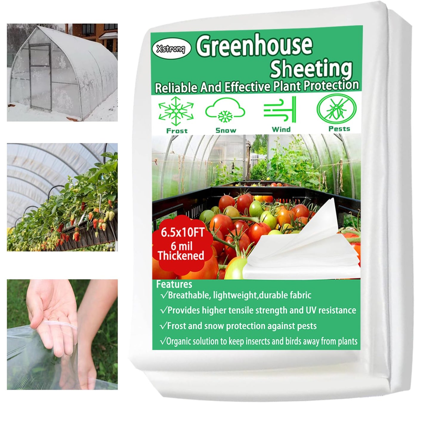 Xstronq 6.5FTx10FT Greenhouse Plastic Sheeting, 6 Mil Thick Clear Polyethylene Film, Waterproof Wind Frost Dust UV Resistant Green House Plastic Covering for Outdoor Plant, Garden, (6.5ft x 10ft)