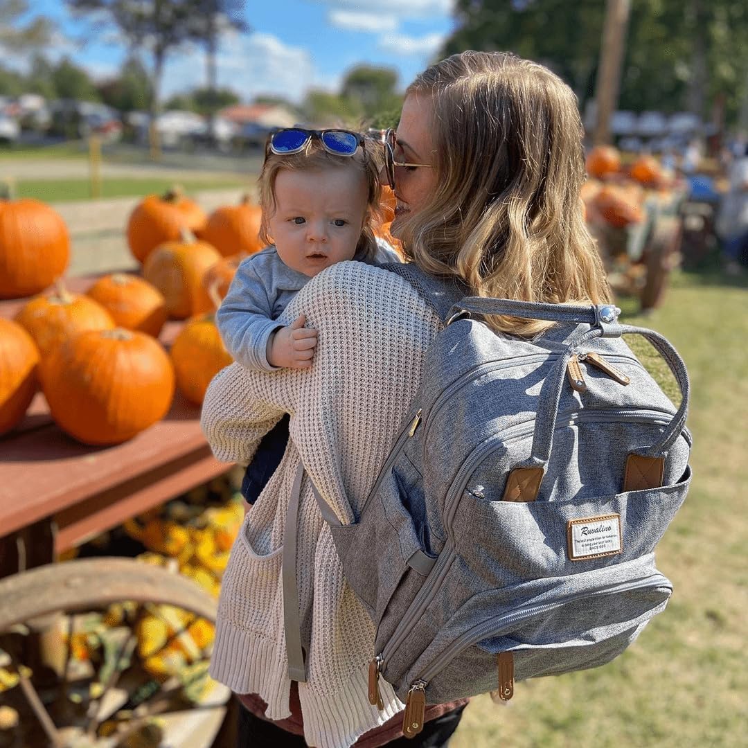 RUVALINO Diaper Bag Backpack-Multifunction Travel Baby Diaper Bag with Changing Pad, Insulated Bottle Holders & Pacifier Case, Large Capacity, Waterproof, Gray