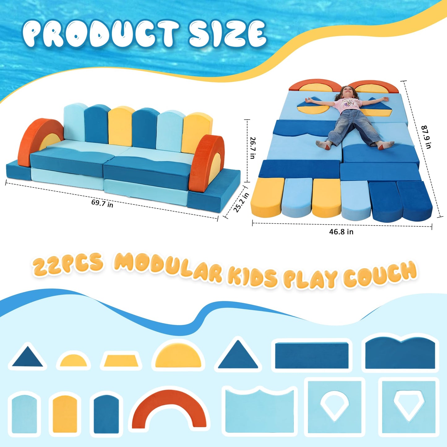 Erament 22Pcs Modular Kids Play Couch for Toddler - Kids Sofa Bed for Playroom, Convertible Furniture Ocean Theme Modular Sofa Building Fort for Inspiring Creativity
