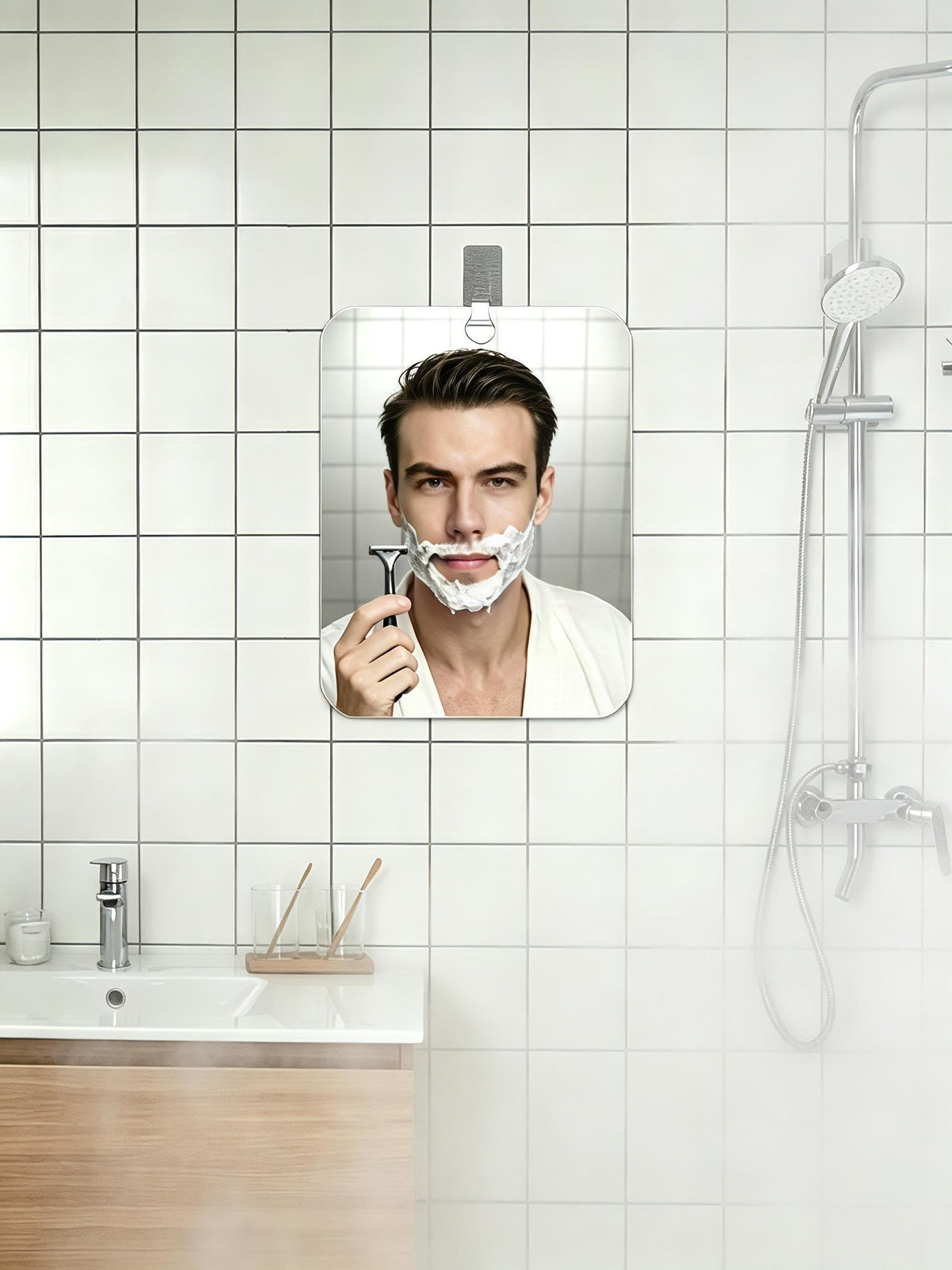 Shower Mirror for Shaving,(1 Pcs 11x8 Inch) Shaving Mirror Holder NO-Drilling Waterproof, Small Wall Mounted Bathroom Accessories Camping Hanging Men