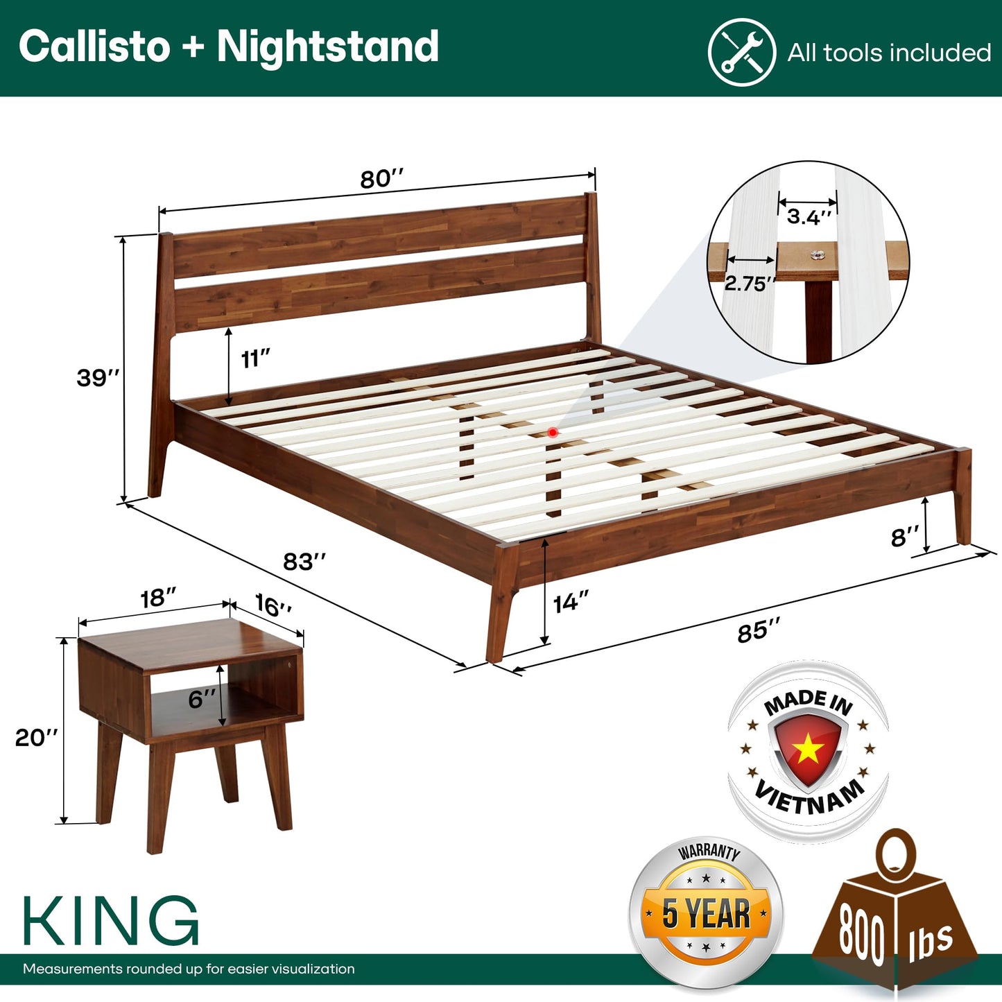 Acacia Callisto King Solid Wood Platform Bed Frame with Headboard – Gift Matching Nightstand Included, Mid-Century Modern, Walnut Finish, No Box Spring Needed, Sturdy, Easy Assembly