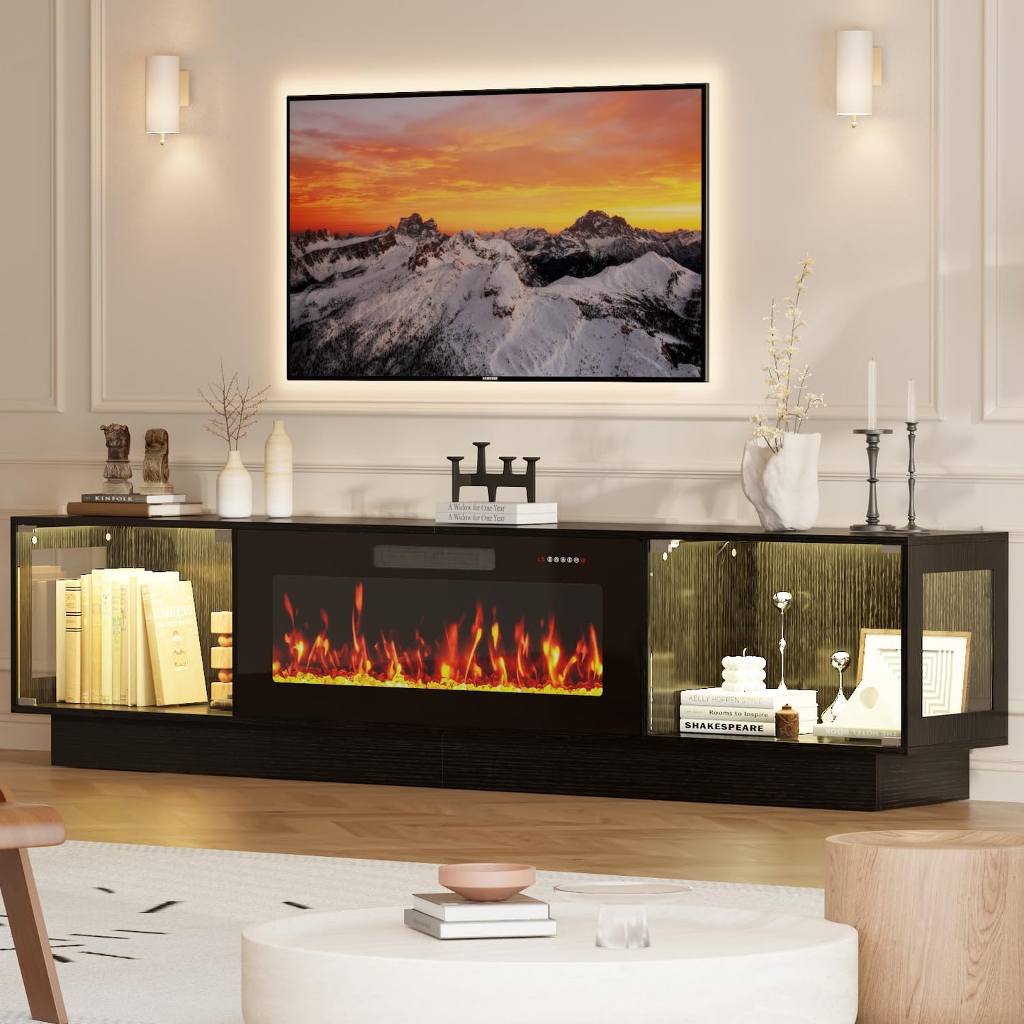 PRETZI 80 Inch Modern Fireplace TV Stand, Luxury TV Stand with 36" Fireplace for TVs Up to 90", Glossy Glass Doors Entertainment Center with Adjustable RGB LED Light for Living Room, Black