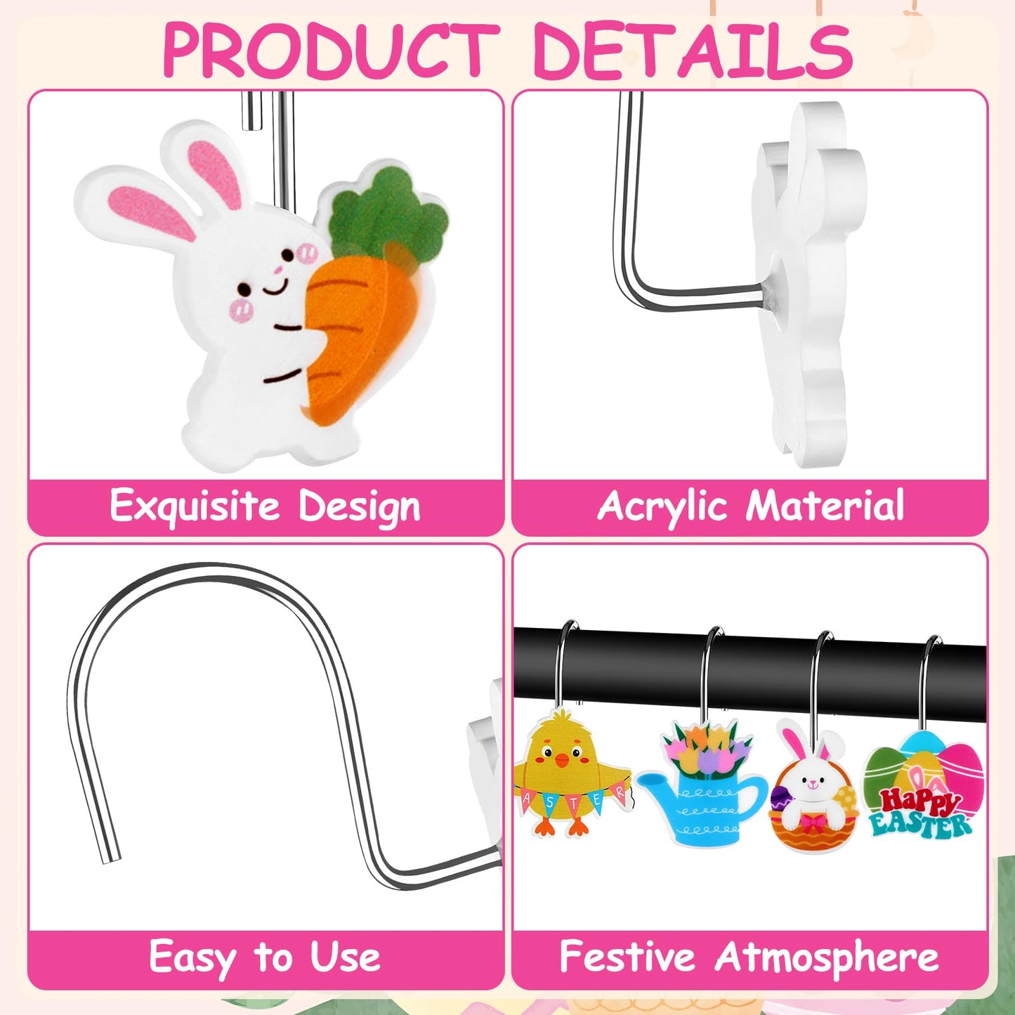 Haiabei 12Pcs Shower Curtain Hooks Hangers Decorative Metal Rustproof Bathroom Room Pendants Decor Accessories with Bunny Happy Carrot Flower Chick Rabbit Stainless Curtains Rings
