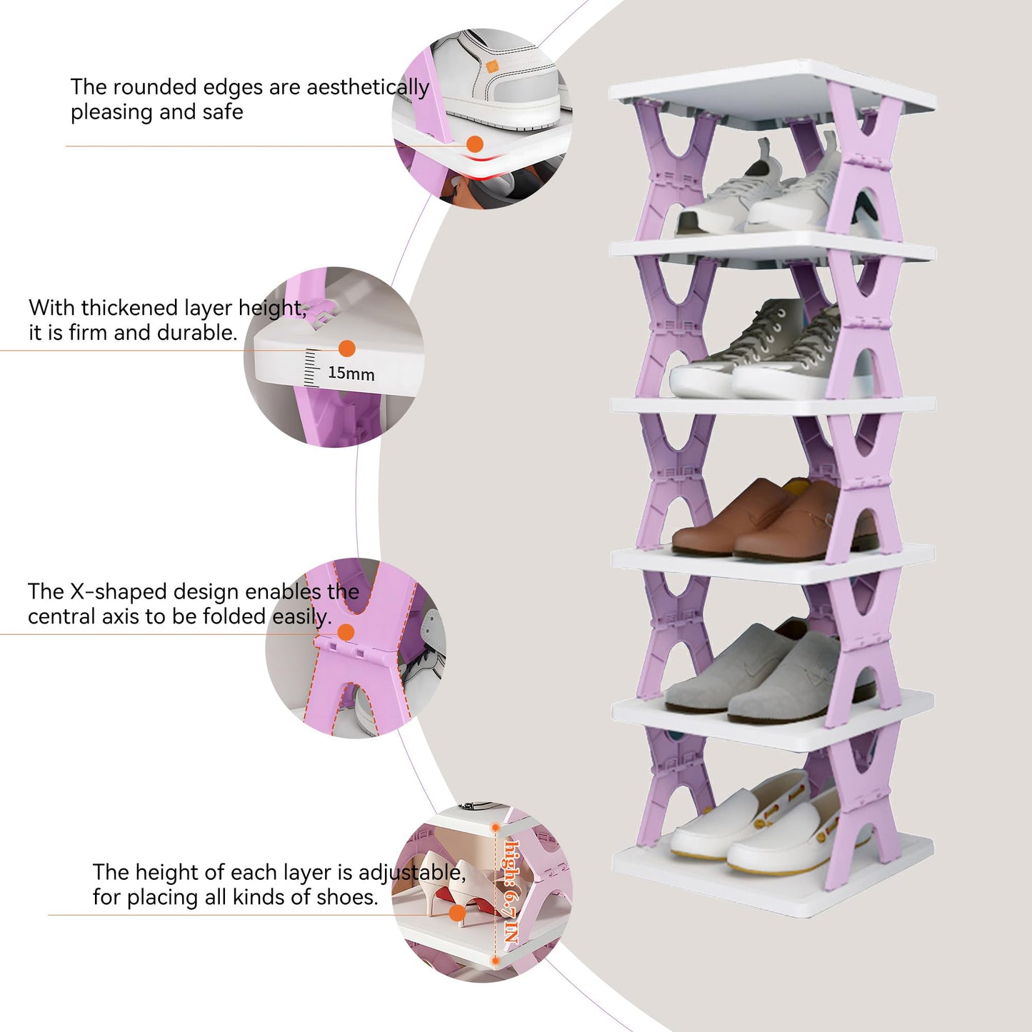 RILUKICH Shoe Rack, Collapsible Kids Shoe Rack, 6-Tier Small Foldable Shoe Organizer for Entryway, Dorm, Bedroom (Pink-x)