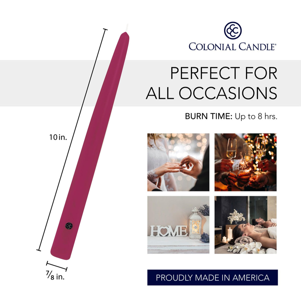 Colonial Candle Unscented Taper Candle, Handipt Collection, Mulberry, 10 in, Pack of 12 - Up to 8 Hours Burn