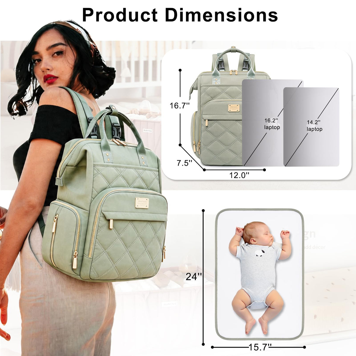 Weitars Diaper Bag Backpack Large Baby Diaper Bag with Changing Pad Green