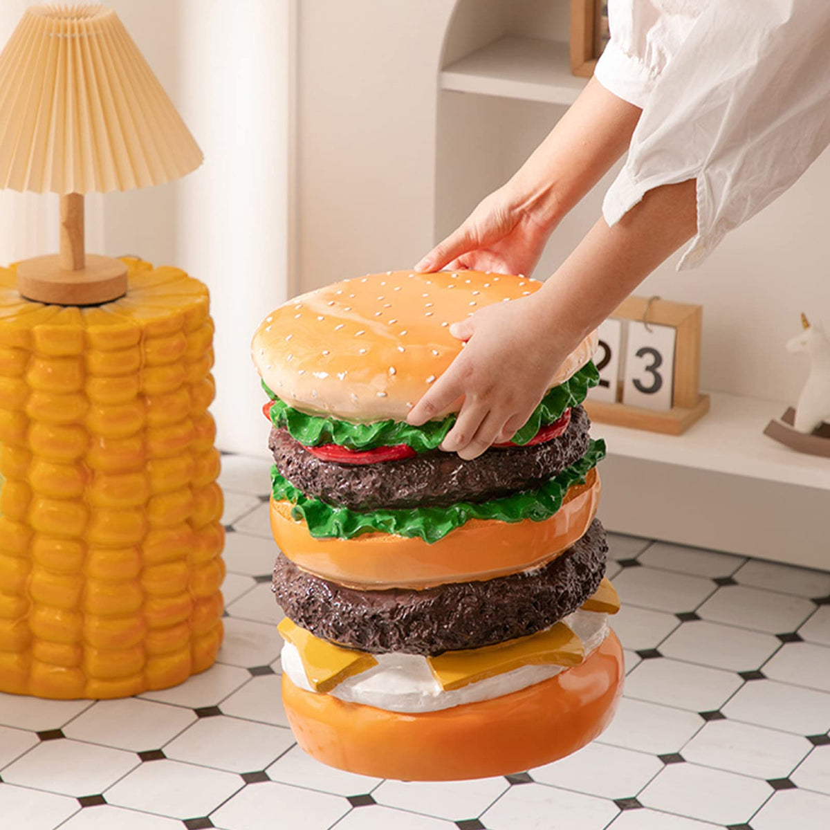 GLOGLOW Hamburger Stool, Creative Small Stool Shoe Changing Stool Furniture Decoration Foot Rest Stool for Kitchen Living Room Bedroom Playroom(Burger Stool)