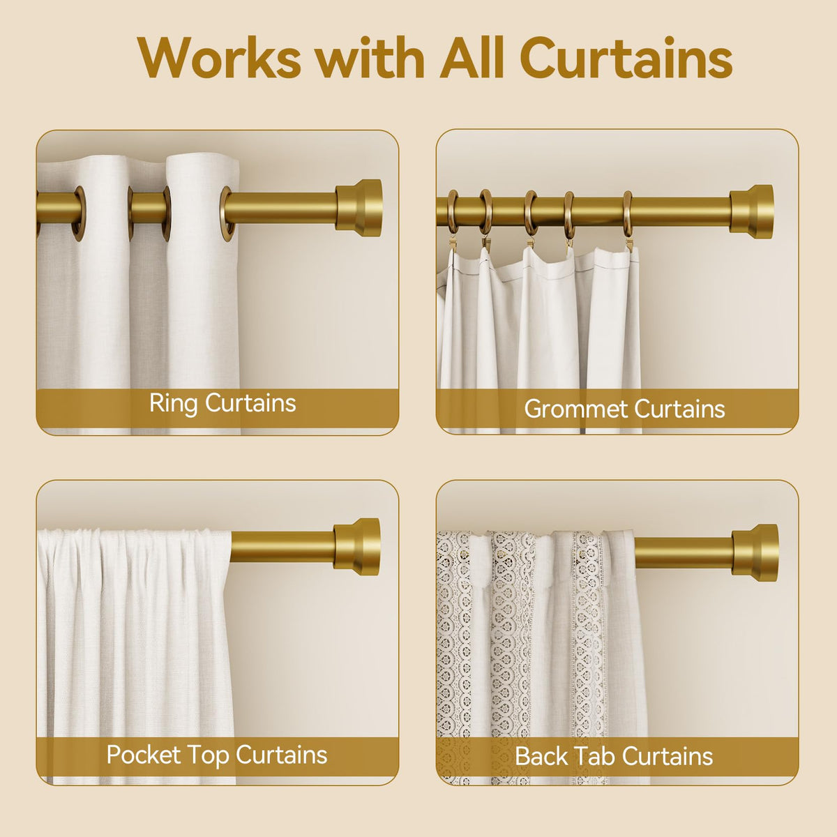 YaFex Curtain Rods 32-114 Inch, Heavy Duty 1 Inch Diameter Gold