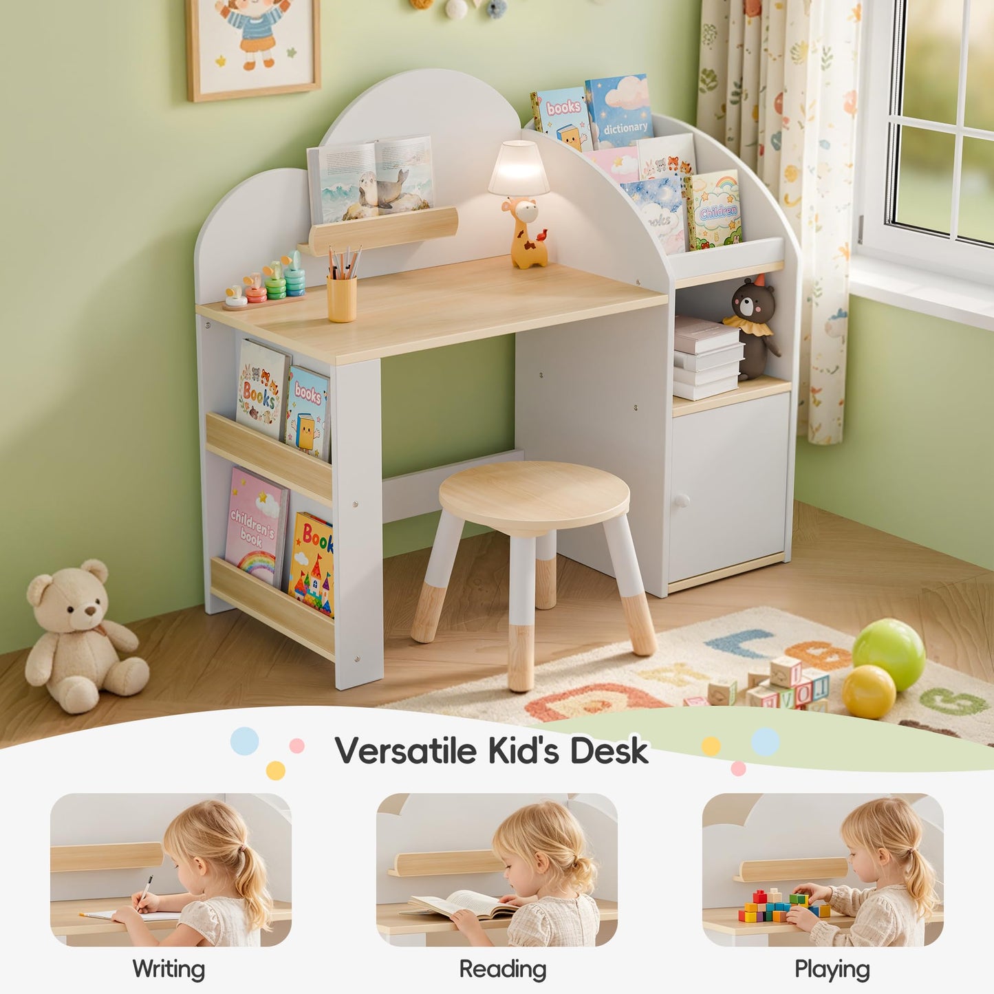 Kids Desk and Chair Set with 2 Bookshelves, Student Study Table and Stools, Toddler Study Desk with Storage, Wooden Kids Desk and Chair Set with 2 Cabinets for Ages 3-8, Boys, Girls (One Child)