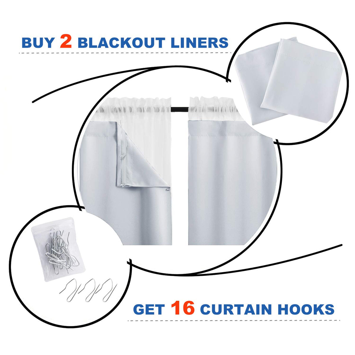 NICETOWN White Blackout Curtain Liners for Window - Noise Reducing Light Blocking Liner for 84 inch Curtains (Set of 2, Each is 27" x 80", Hooks Included, Greyish White)