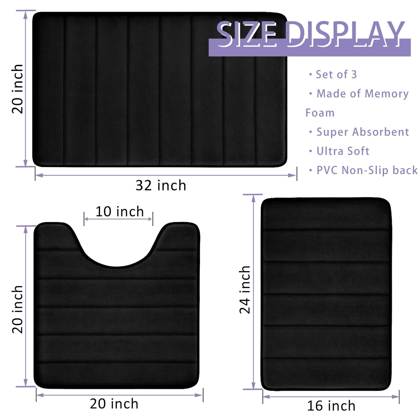 Bathroom Rugs Set Memory Foam Bath Rugs Non-Slip Bath Mat Set 3 Piece,Washable Bathroom Mats,Absorbent Shaggy Rugs Super Soft U-Shaped Toilet Rug,Bahroom Carpets for Bathroom,Tub,Shower（Black）