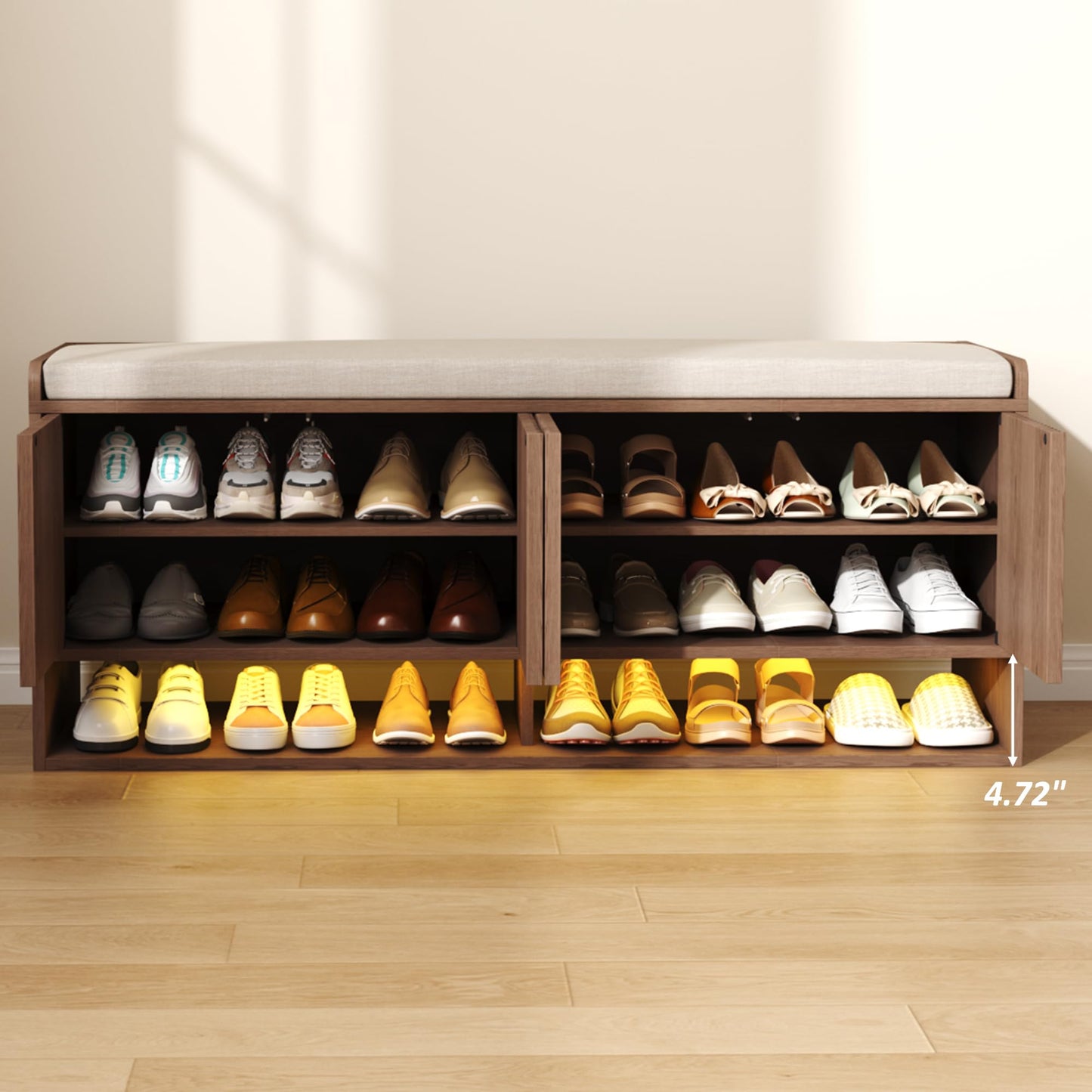 HOMEFORT 47.2" Fluted Shoe Storage Bench, Entryway Bench with Linen Seat Cushion, Shoe Cabinet Bench with Adjustable Shelf and Built-in LED Sensor Light, Bench for Bedroom End of Bed, Walnut