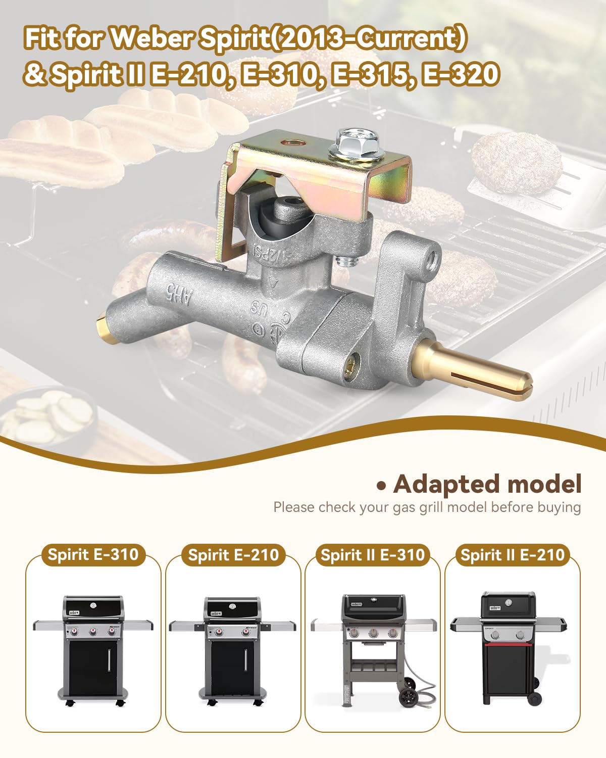 Replacement Main Burner Control Valve Manifold For Weber Spirit (2013-Current) & Spirit II E-210, E-310, E-315, E-320 Gas Grills - Compatible With Propane (Lp)