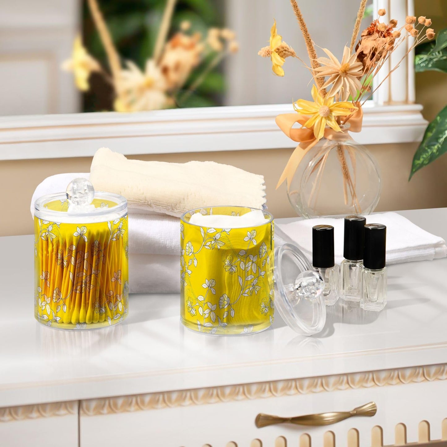 DUOBU Elegant Flowers 4 Pack Plastic Storage Jar, Qtip Holder Storage Canister with Lid, Storage and Organization, Bathroom Canisters for Organizing Cotton Balls, Floss