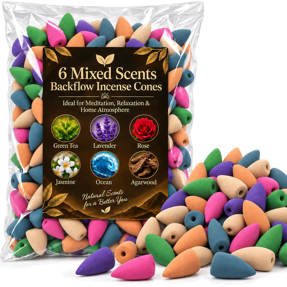 Sukh Backflow Incense Cones - 108 PCS Waterfall Incense Cones