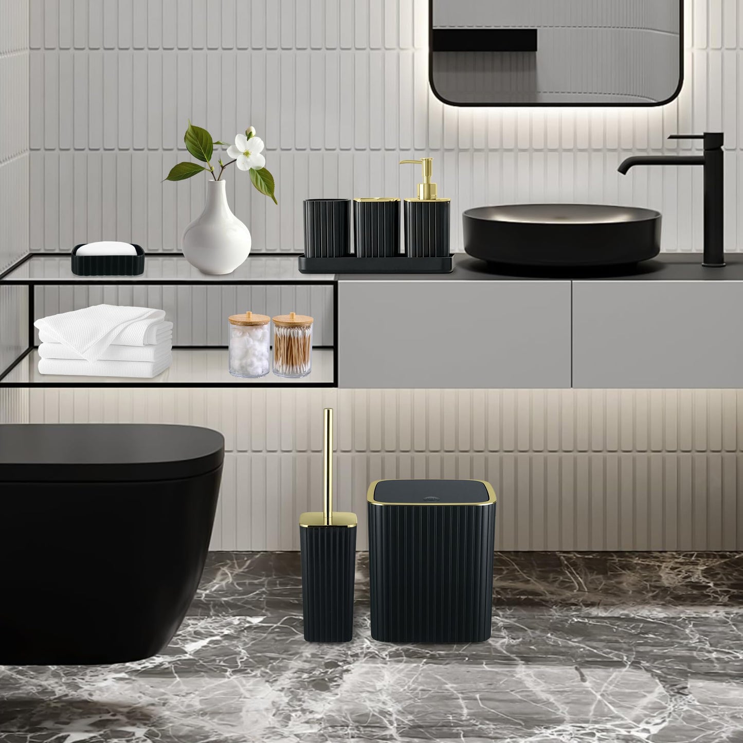 Bathroom Accessories Set-9PC Set with Toilet Brush, Trash Can, Soap Dispenser, Q-Tip Holder | Modern Home Bath Essentials (Black, Bath Set)