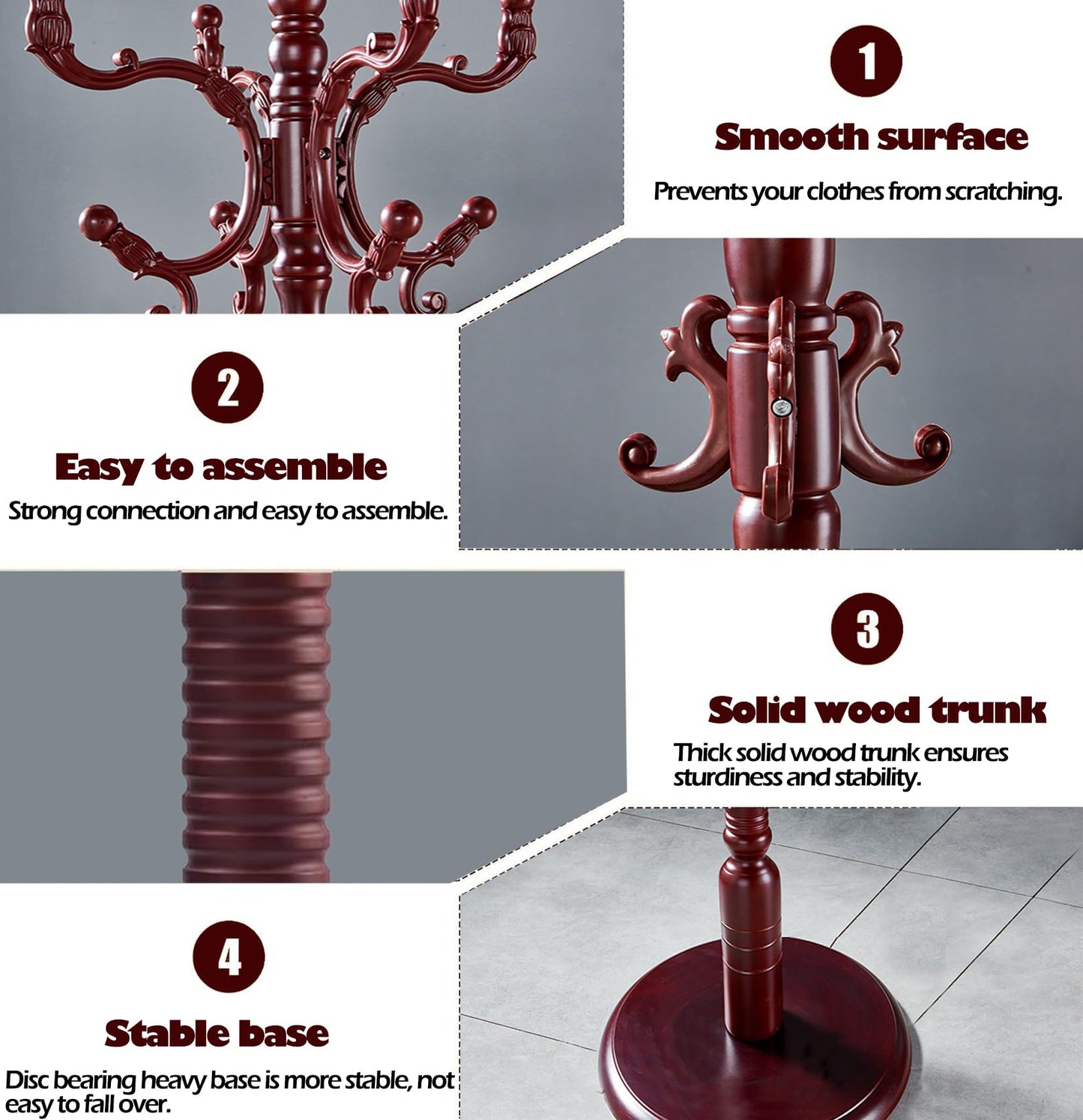 Sauqzoh Coat Racks Free Standing with 14 Hooks, Natural Wood Coat Stands for Entryway, Adjustable Height 73 in Tree Coat Rack Stand for Hallway Home Office Bedroom (Mahogany)