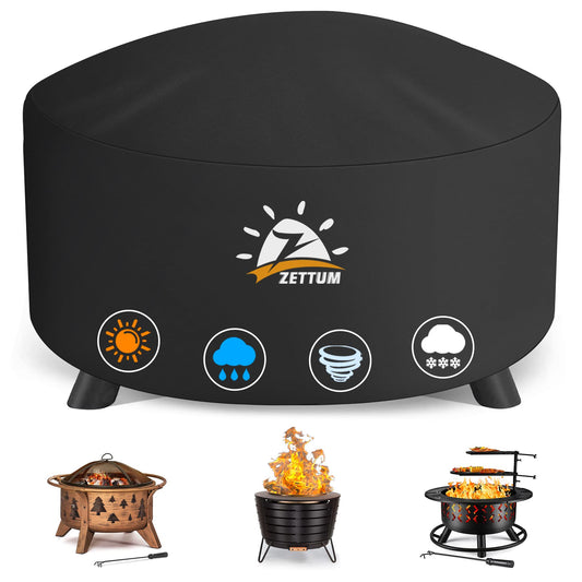 Zettum Fire Pit Cover Round 50 Inch - Outdoor Firepit Cover Heavy Duty & Waterproof, 600D Patio Fire Table Cover Large Gas Fire Pit Accessories Fade & Weather Resistant - 50 x 50 x 24 Inch
