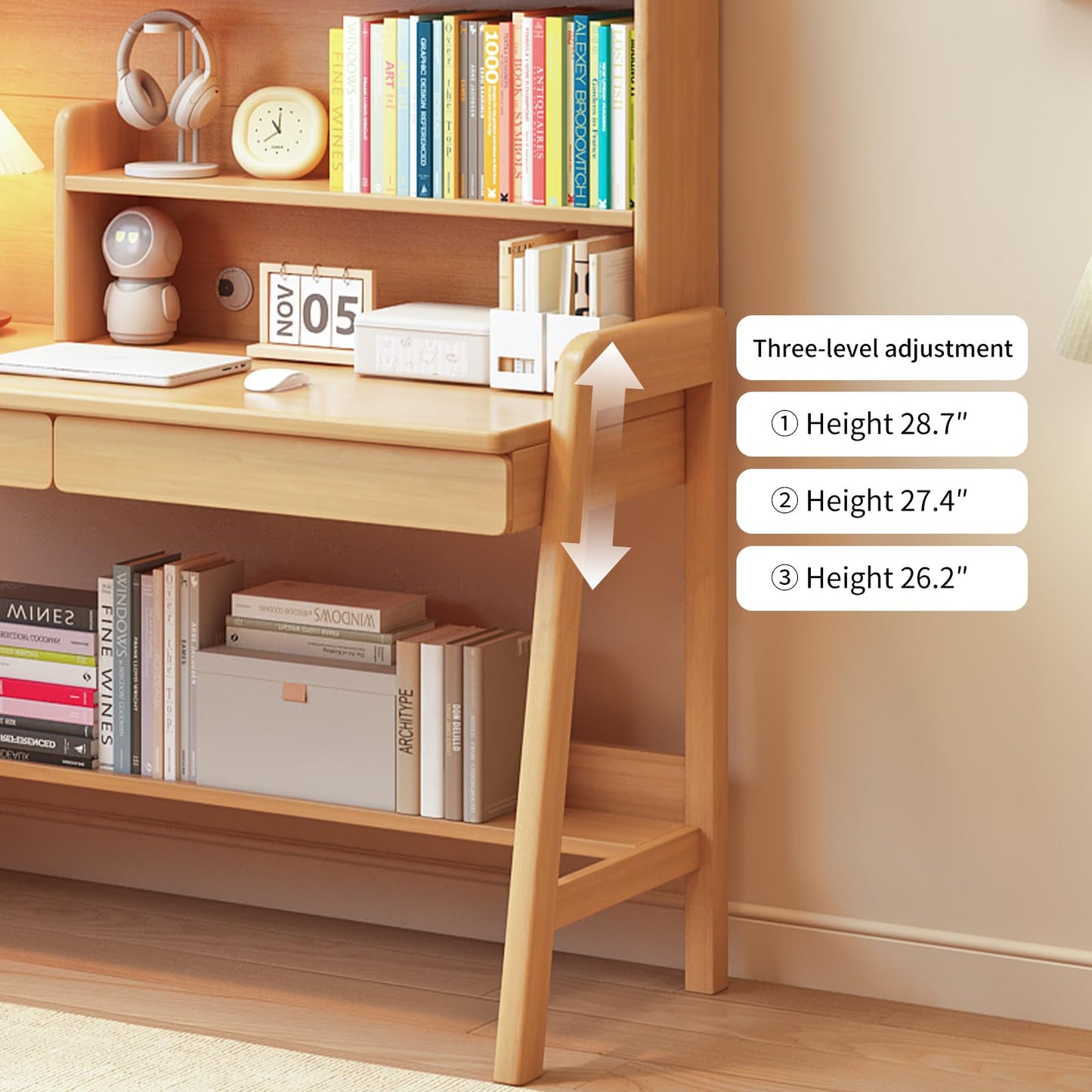 BHDJSE Kids Desk Wooden Childrens Study Desk with Bookshelf＆Two Drawers, Adjustable Kids Desk for Study＆Writing＆Computer＆Workstation, Nature