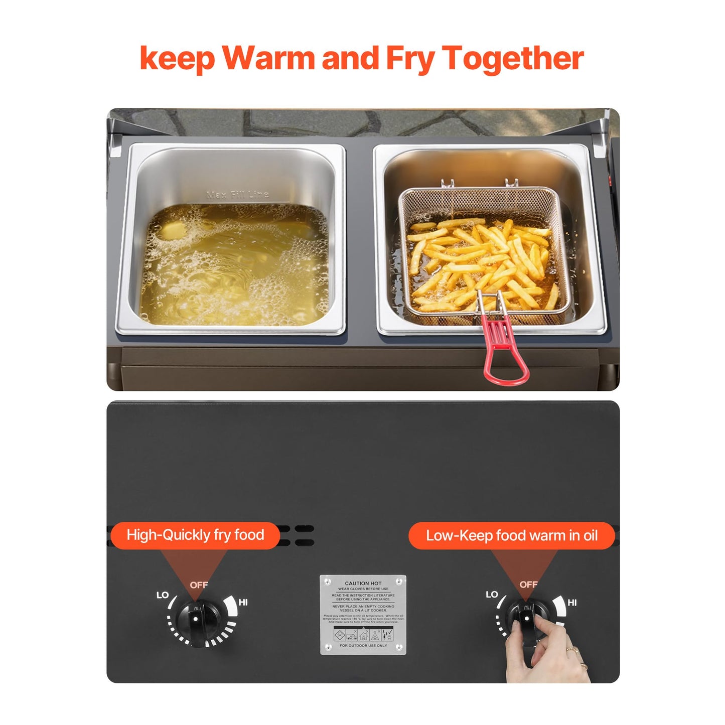 VEVOR Outdoor Propane Deep Fryer, Double Burners Commercial Fryer, 16 Qt Stainless Steel Cooker with Removable Baskets & Lids & Tanks, Oil Fryer Cart with Thermometer & Regulator, For Outdoor Cooking