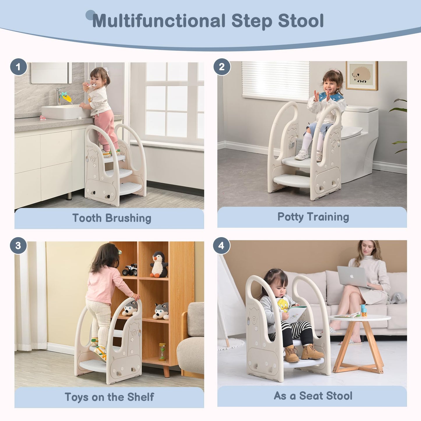 Toddler 3 Step Stool Onasti Kids Standing Tower for Toddlers Plastic Learning Helper Stool for Kitchen Counter Bathroom Sink Toilet Potty Training with Handles and Non-Slip Pads-Grey White