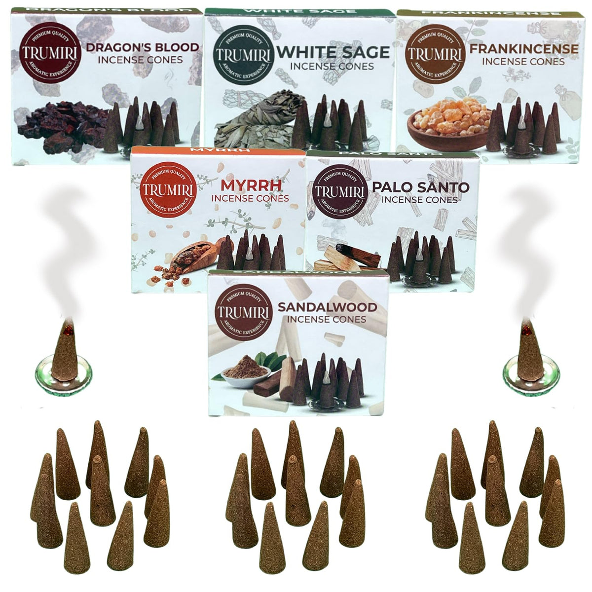 Trumiri Woody Incense Cones - Variety Pack - Total 60 Cone Incense (6 Scents x 10 Conos) - White Sage, Palo Santo, Dragons Blood, Sandalwood - Inscents-Cones Scented - Insense Cones - Incent Cone