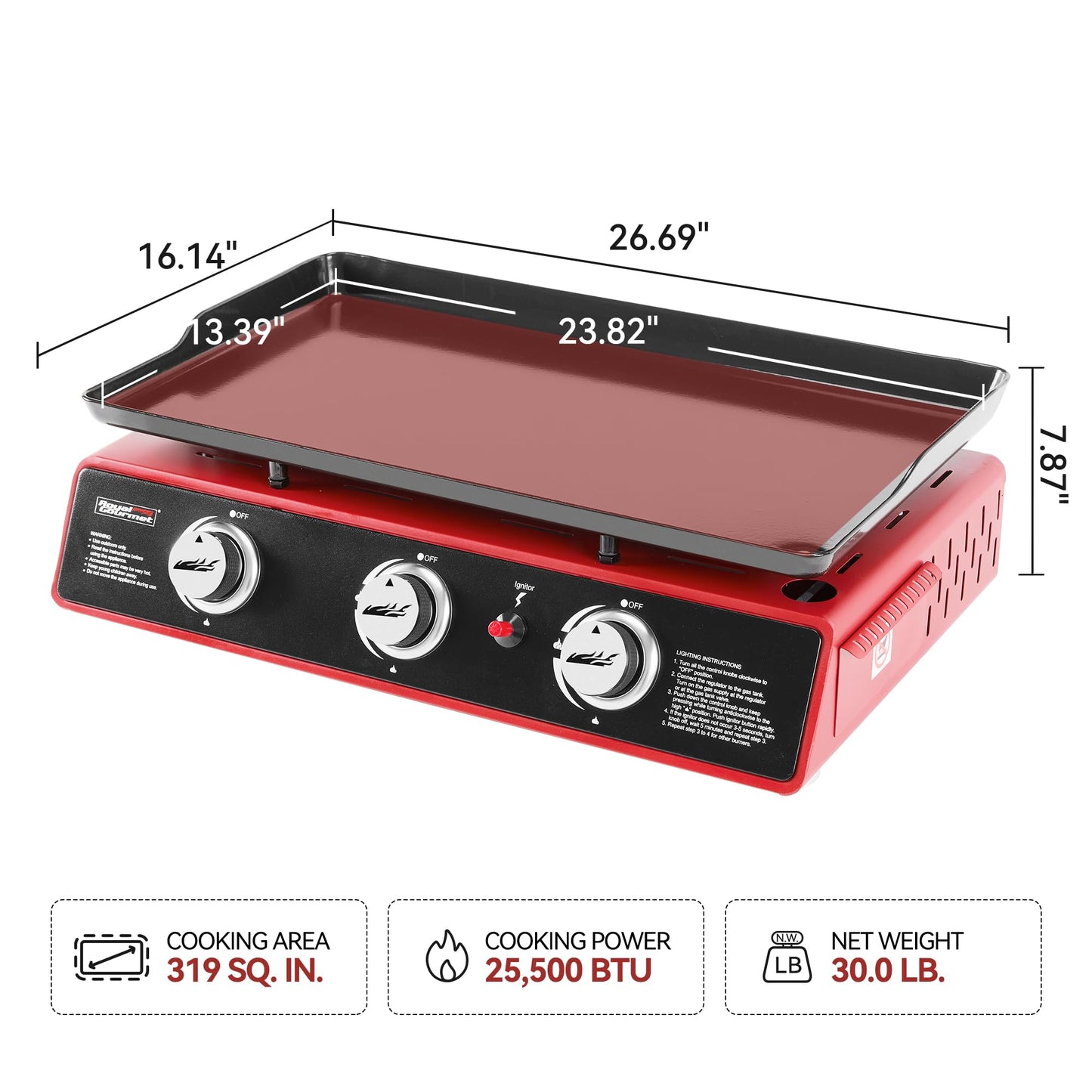 Royal Gourmet PD1301R 3 Burner Tabletop Propane Gas Griddle with Cover, 24 Inch Portable Griddle with 25,500 BTUs Output for Outdoor Cooking While Camping or Tailgating, Red