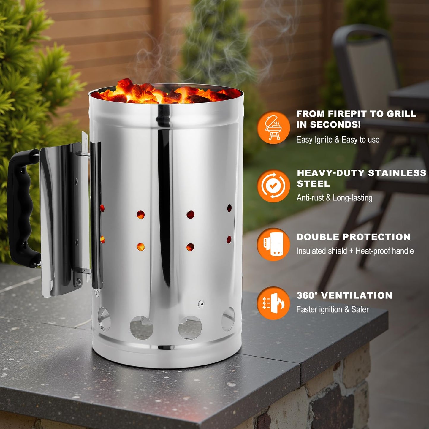 SUNLIFER Charcoal Chimney Starter, BBQ Grill Quick Rapid Fire Starter Chimney for Outdoor Barbecue Cooking Camping, Sturdy and Easy to Use, Stainless Steel（10.62" x 6.3"）