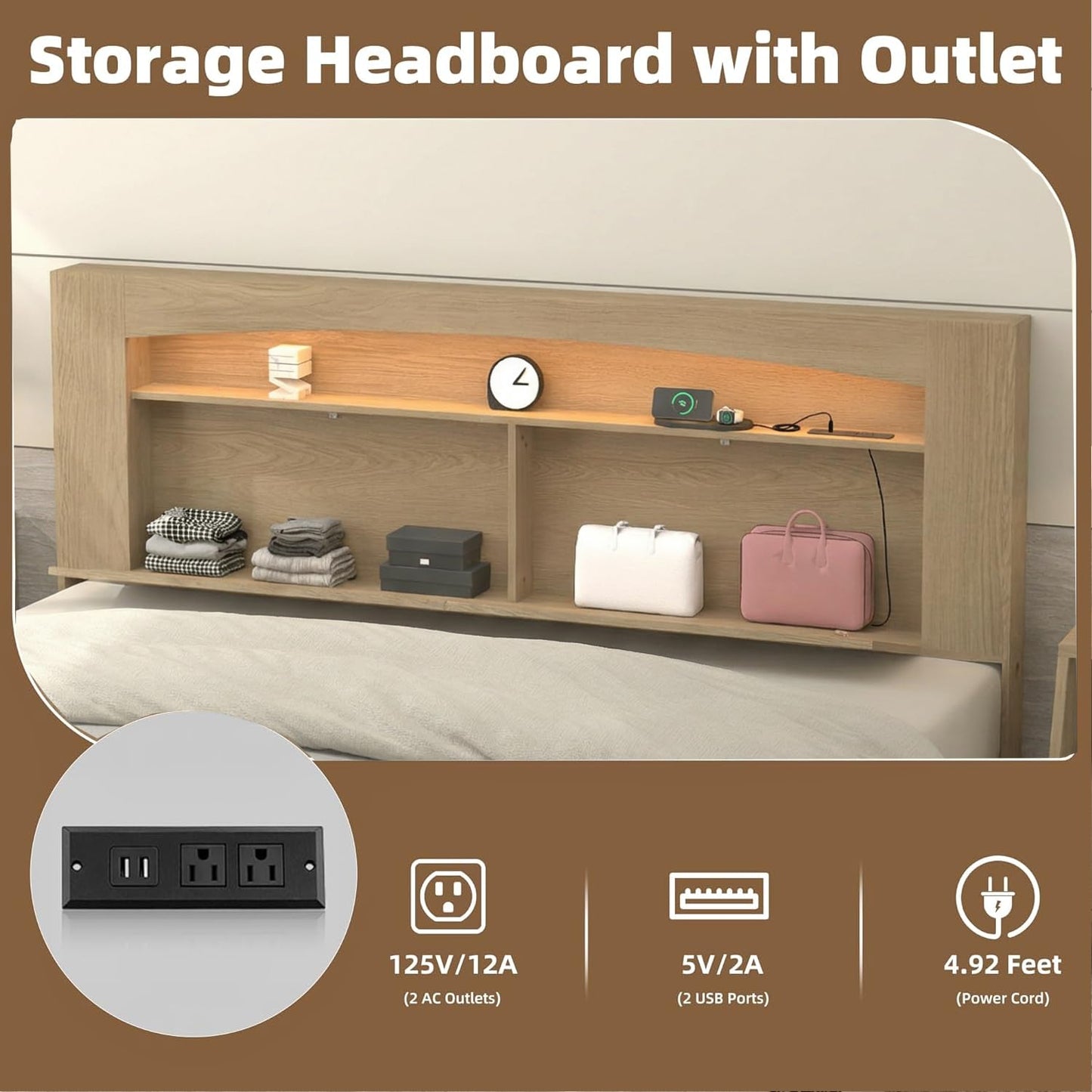 KATYGLORY King Size Headboard Only Modern Sturdy Wooden Bed Backboard Wall Mounted Head Board, 3 Storage Zones, Unique Skirting Groove, High Load Capacity with Solid Wood Leg (Oak, King)