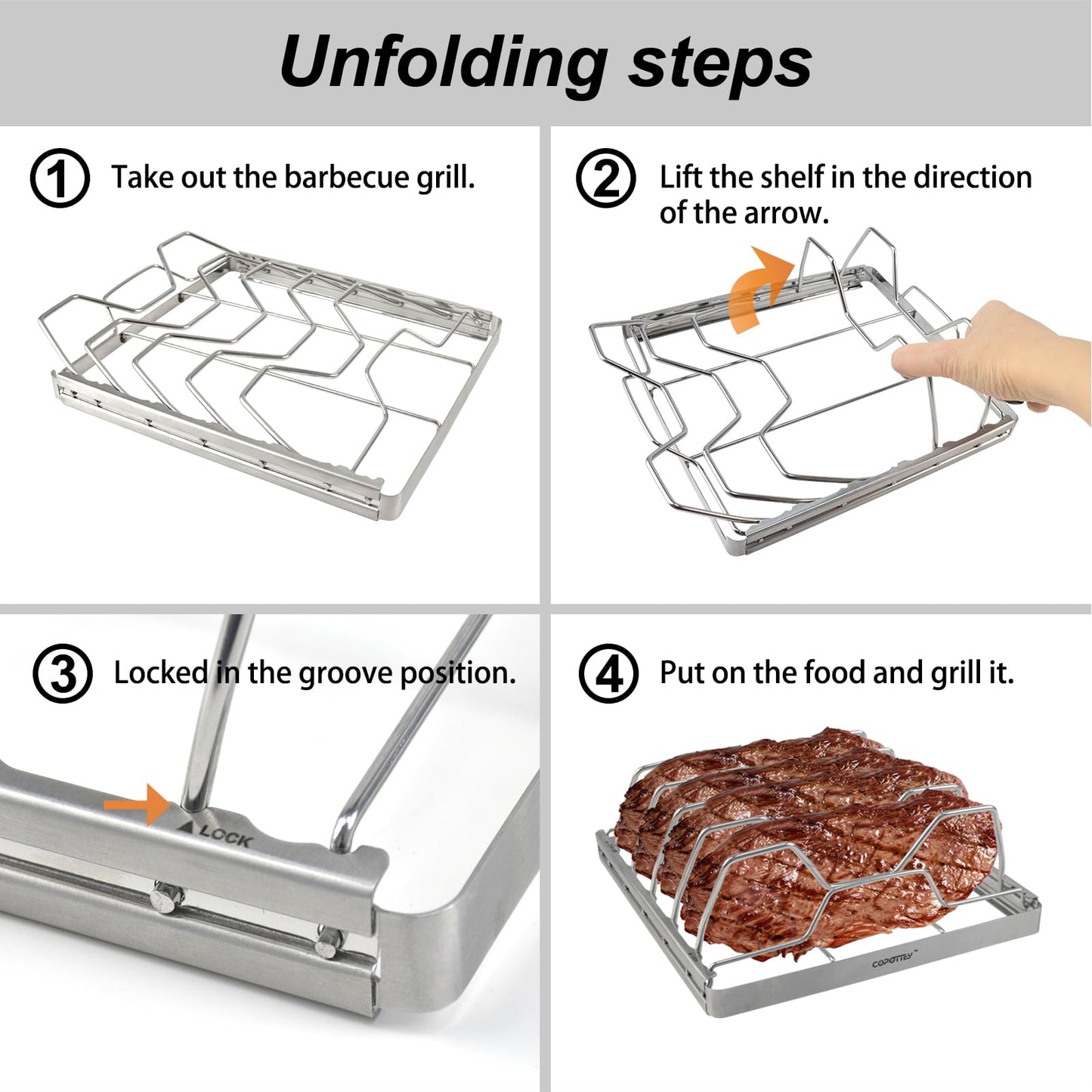 COPOTTEY Foldable Rib Rack for Smoking, Stainless Steel 10 in Rib Rack with 2 Meat Shredder Claws, and Black PP Tray, Perfect for Grilling, Smoking, and Serving, BBQ Accessories
