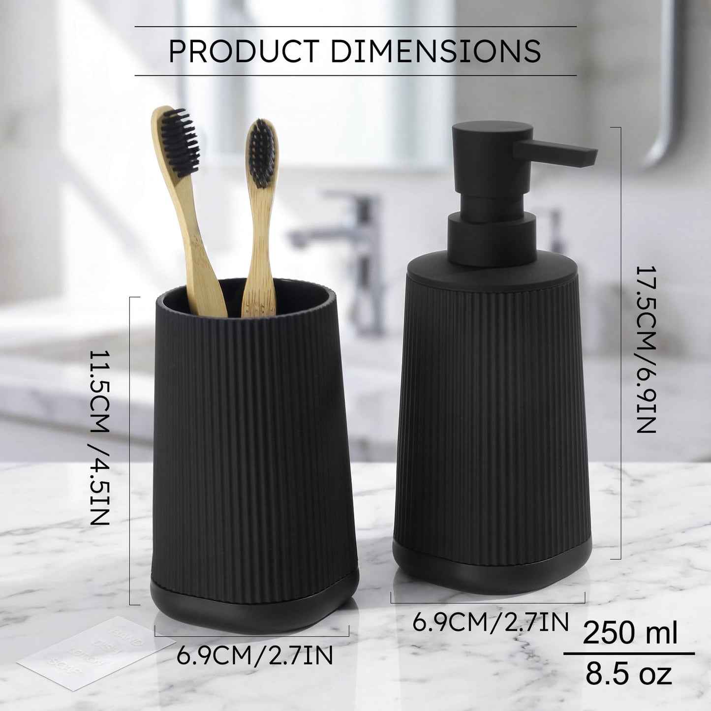Black Bathroom Soap Dispenser and Toothbrush Holder Set with Non-Slip Base