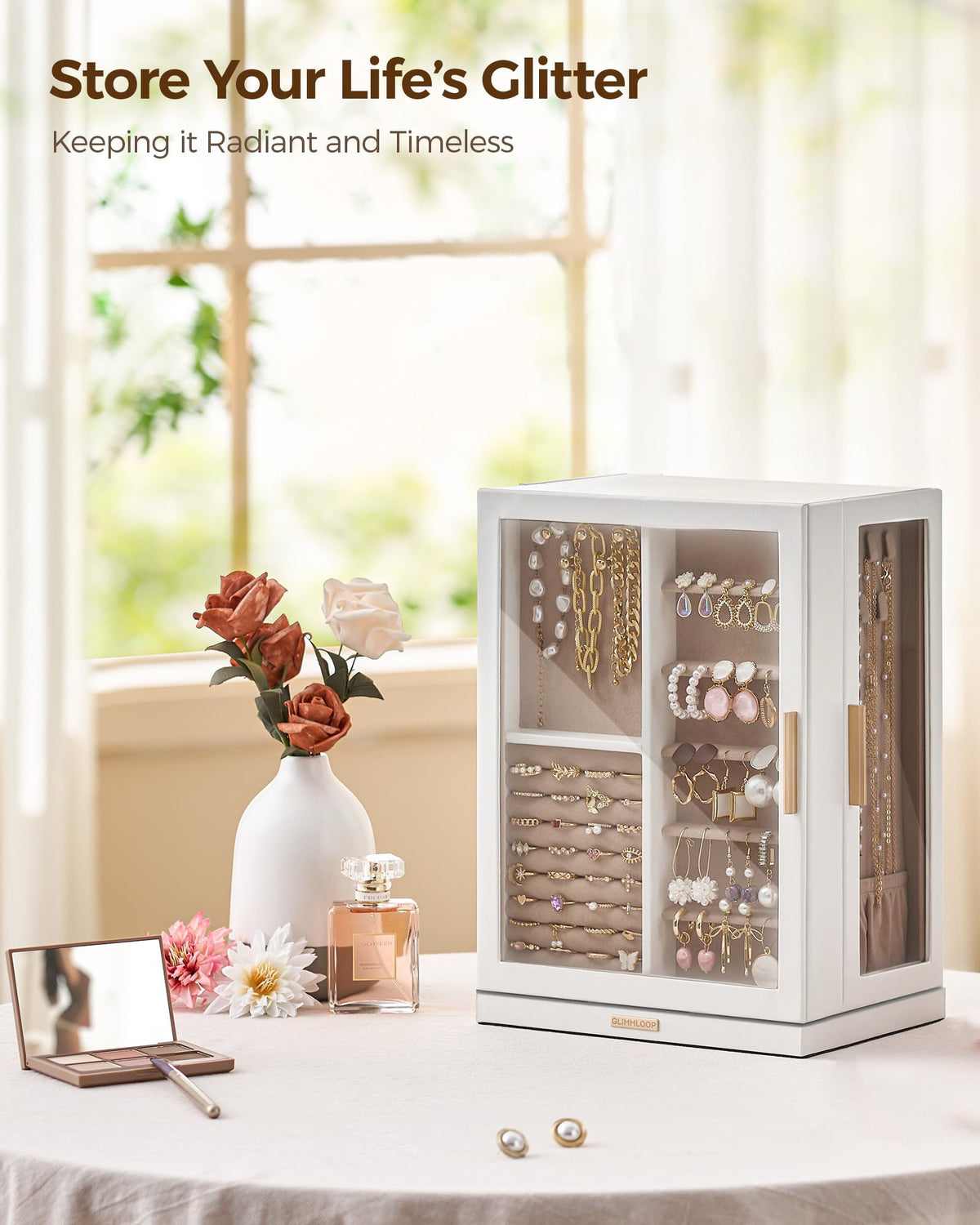 Glimmloop 360° Rotating Jewelry Box with 7 Drawers, Spacious Vertical Jewelry Organizer with Glass Window, Jewelry Storage Case, Dustproof & Moisture-resistant Design, White