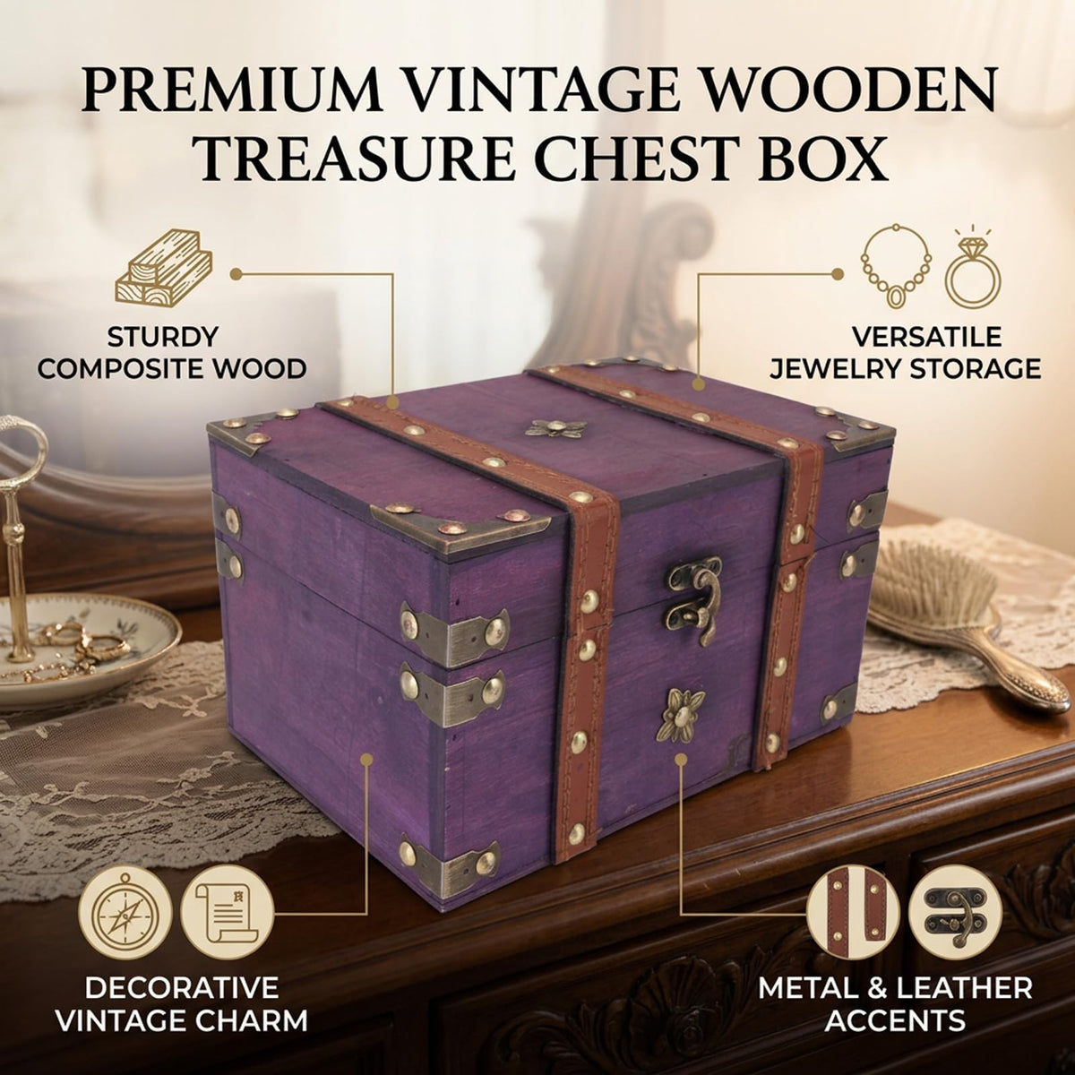 Vintage Treasure Chest Box, Wooden Jewelry Storage Organizer, 8.5x6x5in