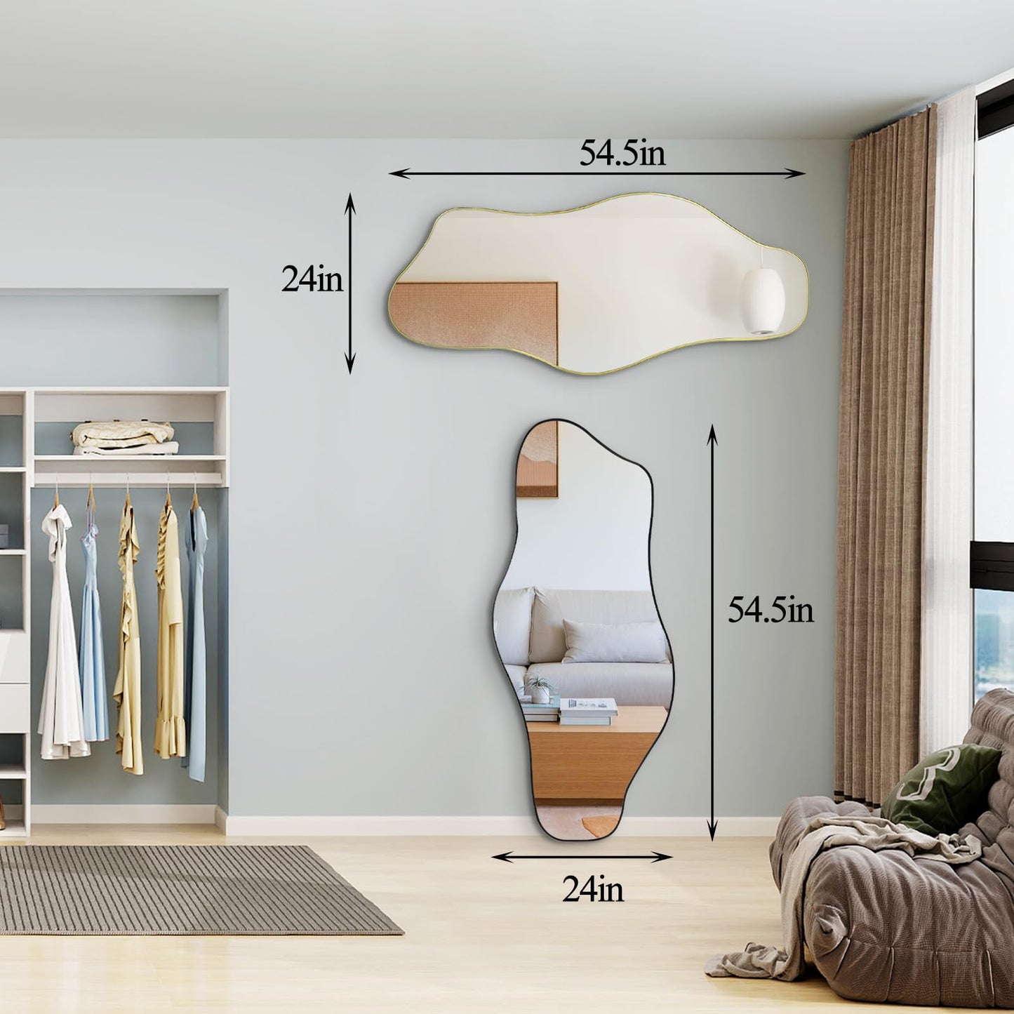 DAOYIJIAJU Large Irregular Mirror, 54.5"x24" Asymmetrical Tempered Glass Mirror, Modern Organic Shaped Wall Mirrors for Entryway Bedroom Living Room Bathroom, Horizontal or Vertical Hanging