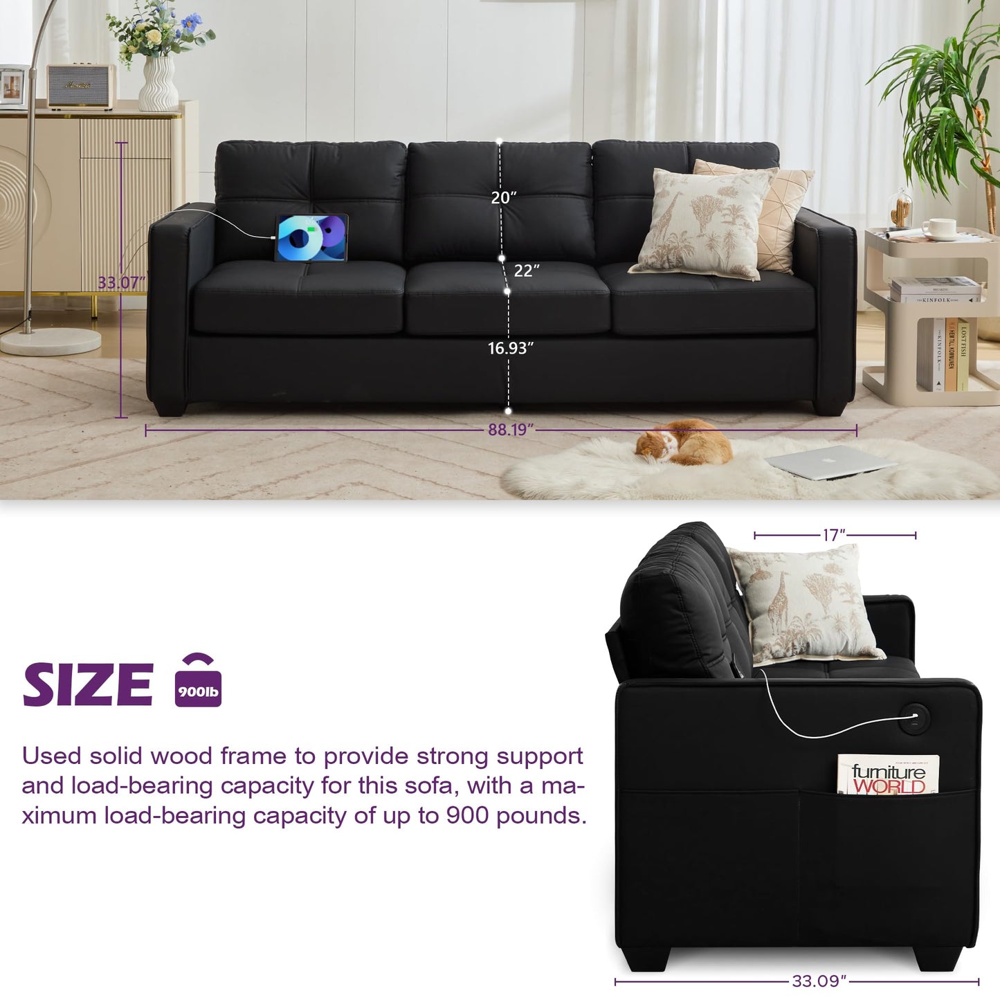 TYBOATLE 88" W Faux Leather Couches w/USB, Tufted Mid-Century Modern Comfy Black Leather Couch w/Side Pockets and Wider Arms for Living Room, 3 Seater Leathe Sofa for Office, Apartment, Bedroom