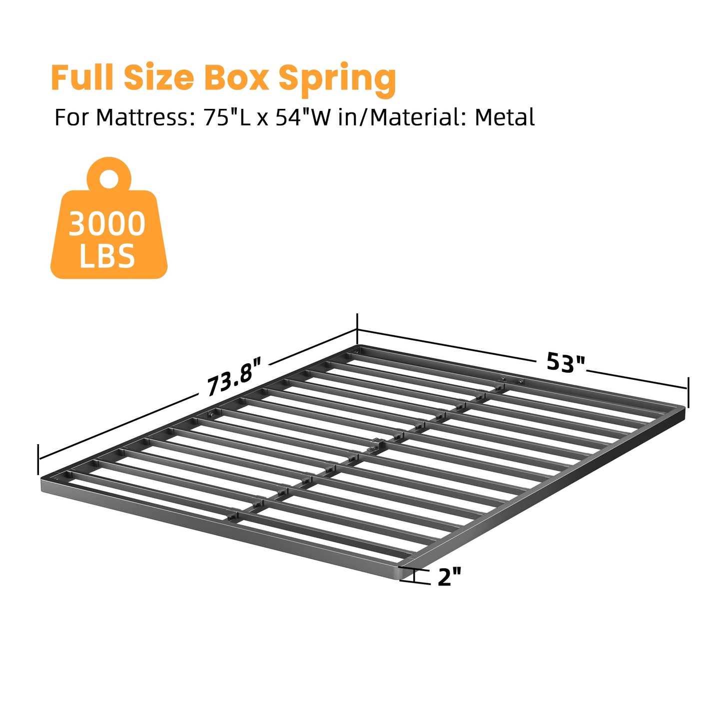 2 Inch Full Metal Box Spring with Round Corners, Low Profile bed slat