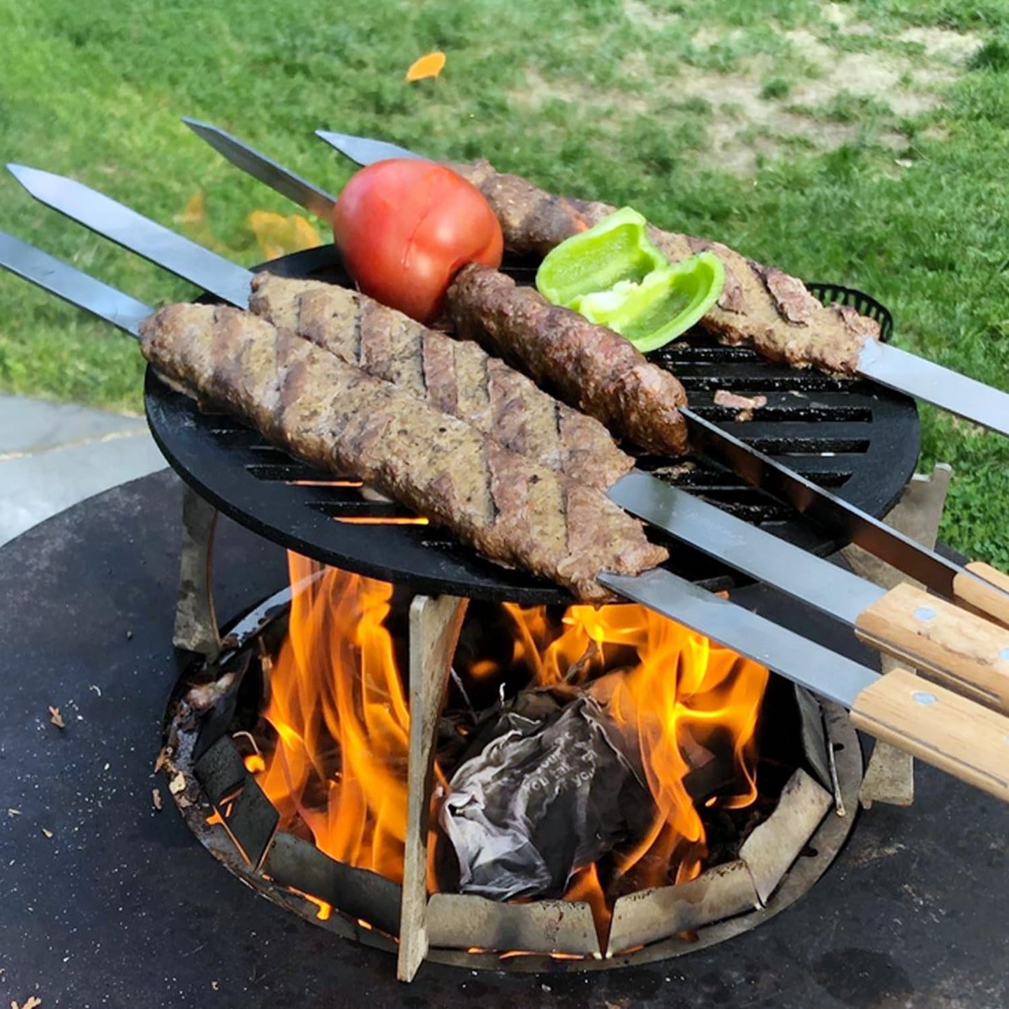 Goutime Kabob Skewers 23 Inch Long,1 Inch Wide Stainless Steel Grilling BBQ Skewer with Wood Handle for Making Koubideh Persian Brazilian Chicken Shrimp Kebab,Set of 7 with Bag