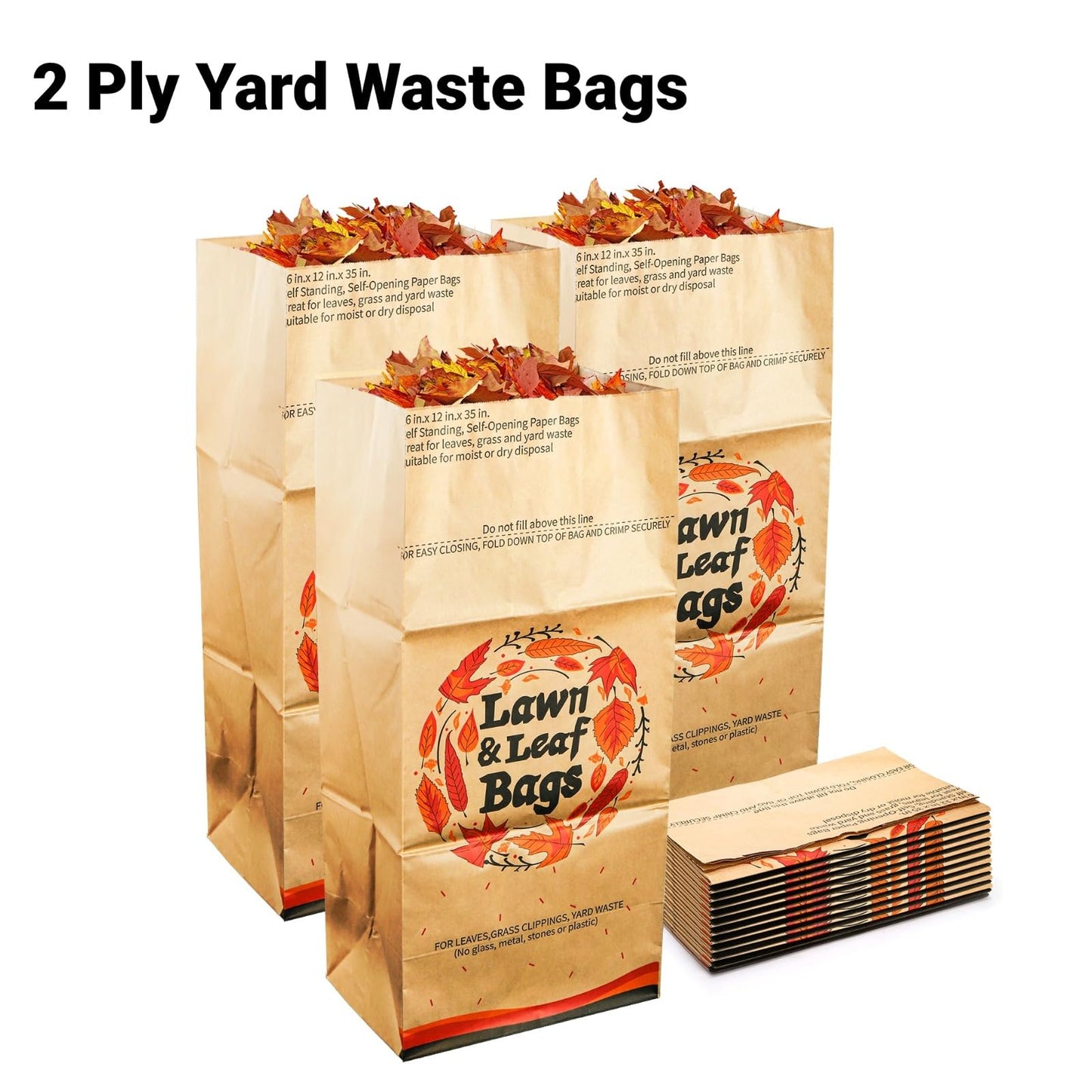 Mezchi 10 Pack 30 Gallon Lawn and Leaf Bags, 2-Ply Heavy Duty Yard Waste Bags, Brown Paper Lawn and Refuse Bags, Large Trash Bag for Home, Garden, Landfill, Tear Resistant and Self Standing