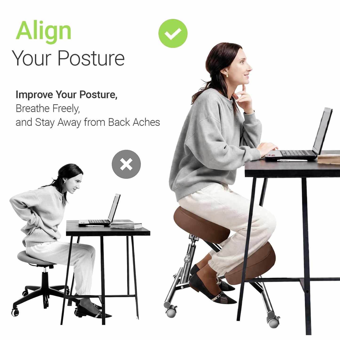 PU Leather Ergonomic Kneeling Chair, Adjustable Home and Office Stool with Thick Pads and Flexible Lockable Brake Wheels for Back Pain Relief（Coffee Brown）