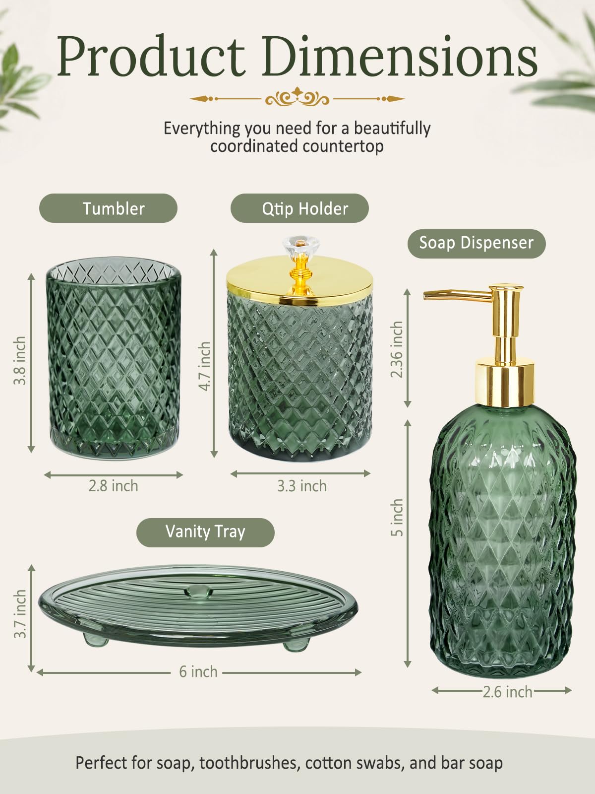 Haturi Glass Bathroom Accessories Set, Sage Green Bathroom Set, 4 Pcs