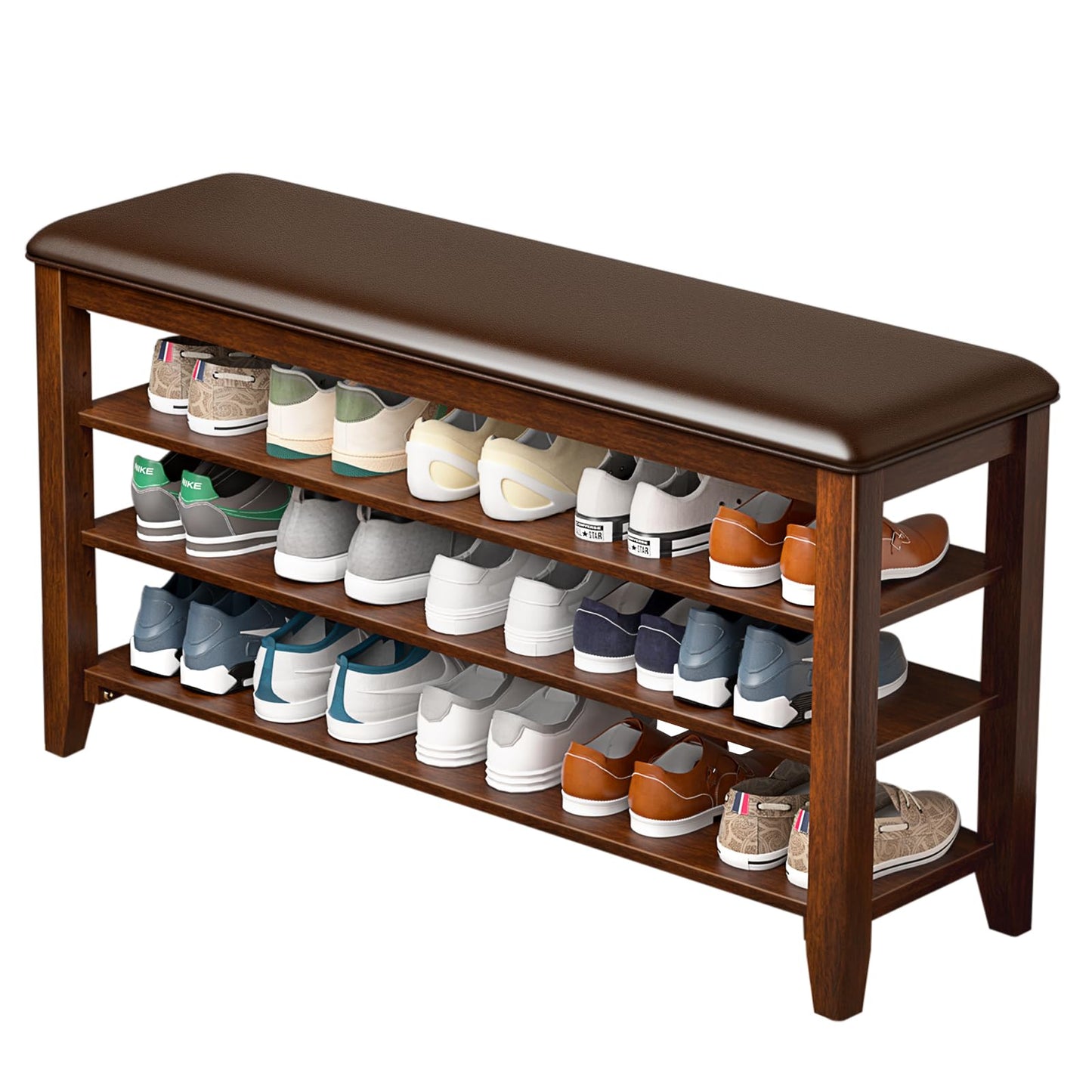 Taitiy Shoe Rack Bench,3 Tier Adjustable Shelves Rubberwood 39.4''