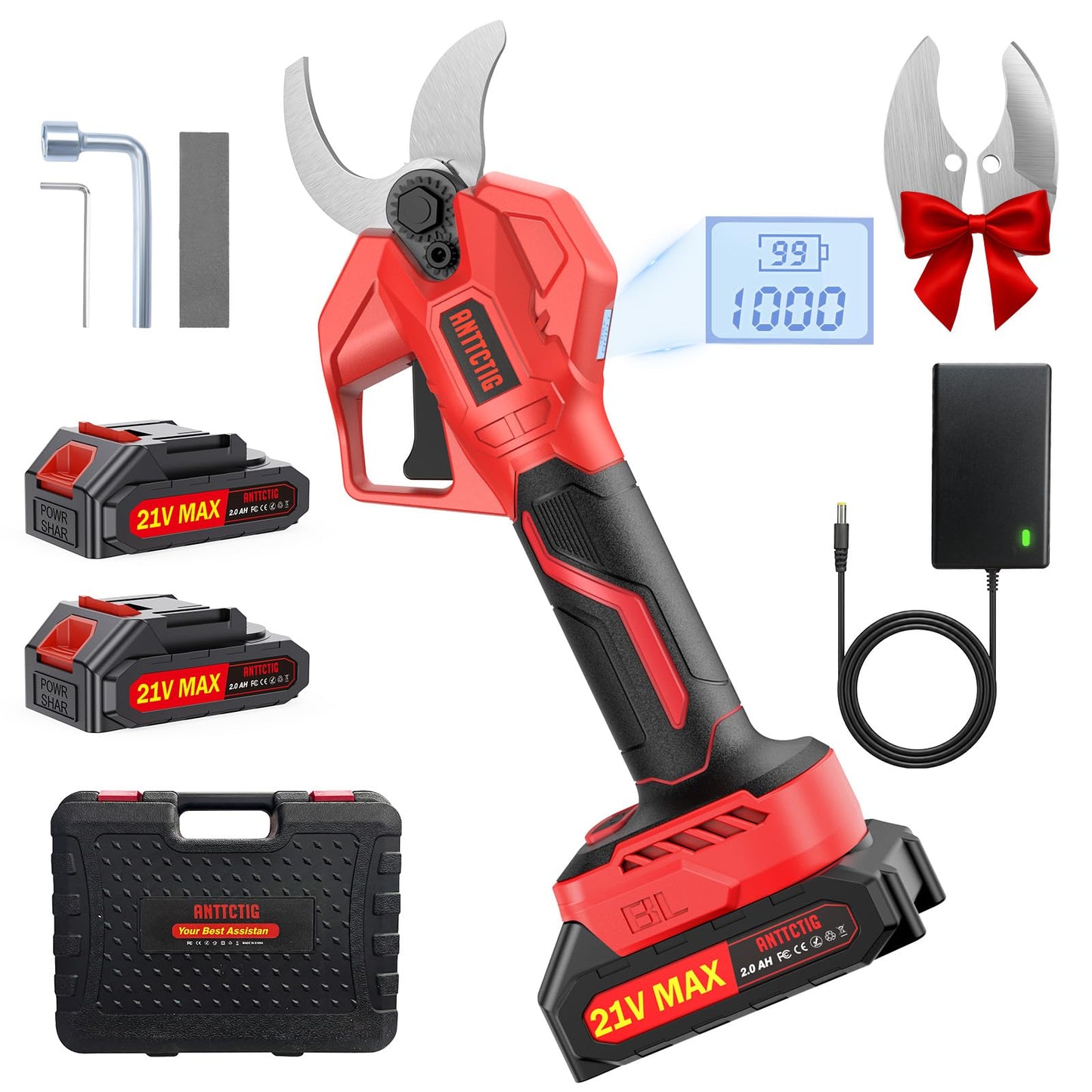 ANTTCTIG Upgraded Electric Pruning Shears, Big 2.56'' Cutting Diameter Cordless Pruner for Gardening with Dual 2.0AH Batteries & Extra Replacement Blades, Branch Cutter for Tree & Flower Trimming