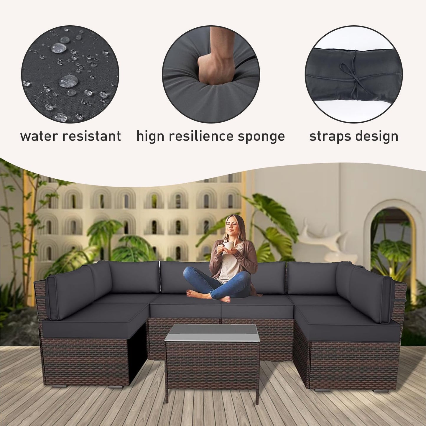 𝐔𝐩𝐠𝐫𝐚𝐝𝐞 14 Piece Outdoor Replacement Cushions Set for 6-Seat Sectional Sofa, 4 Inch Thick Patio Cushions, Waterproof & Fade Resistant, Deep Seat Outdoor Furniture Cushions - Dark gray