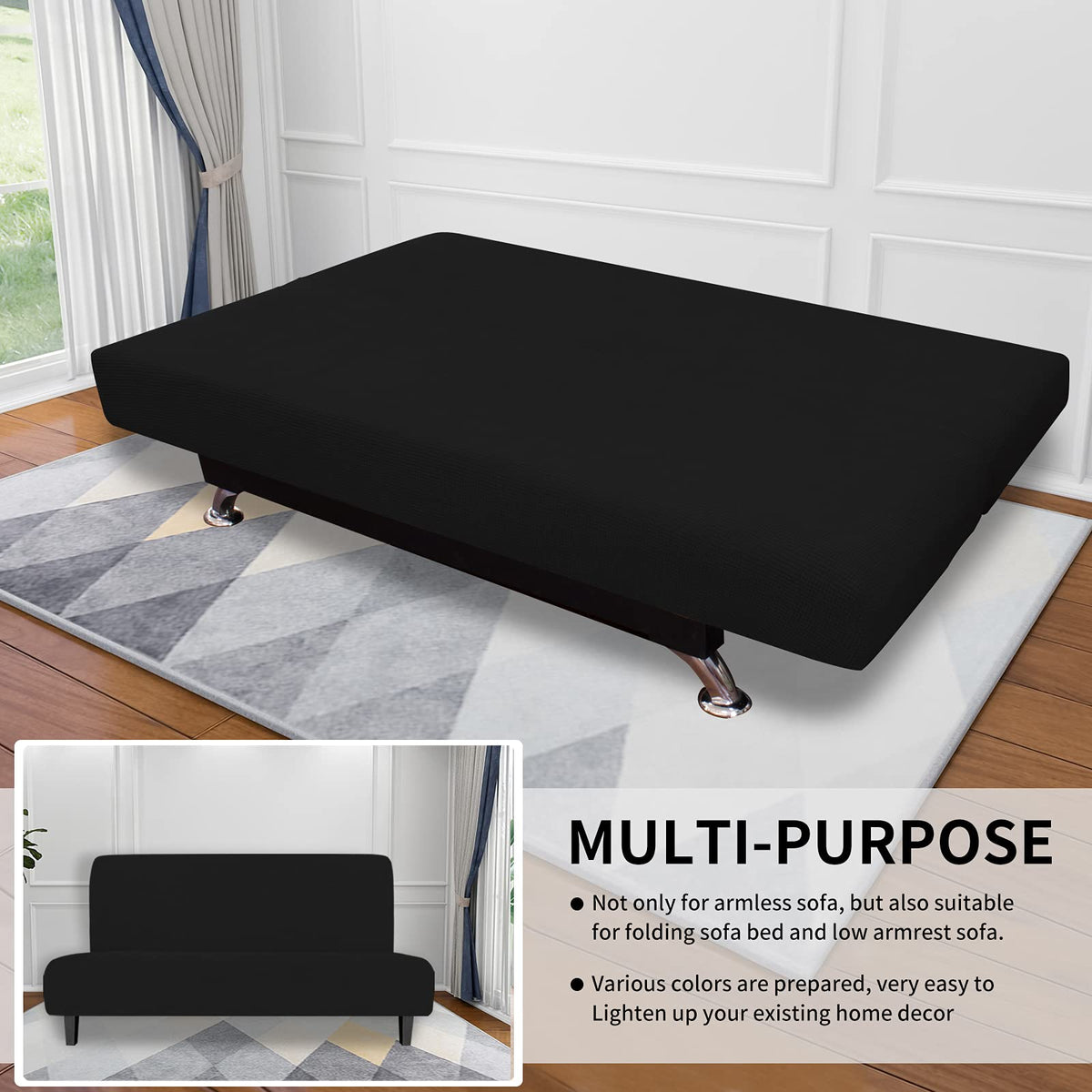 Easy-Going Stretch Large Futon Slipcover Armless Futon Cover Black