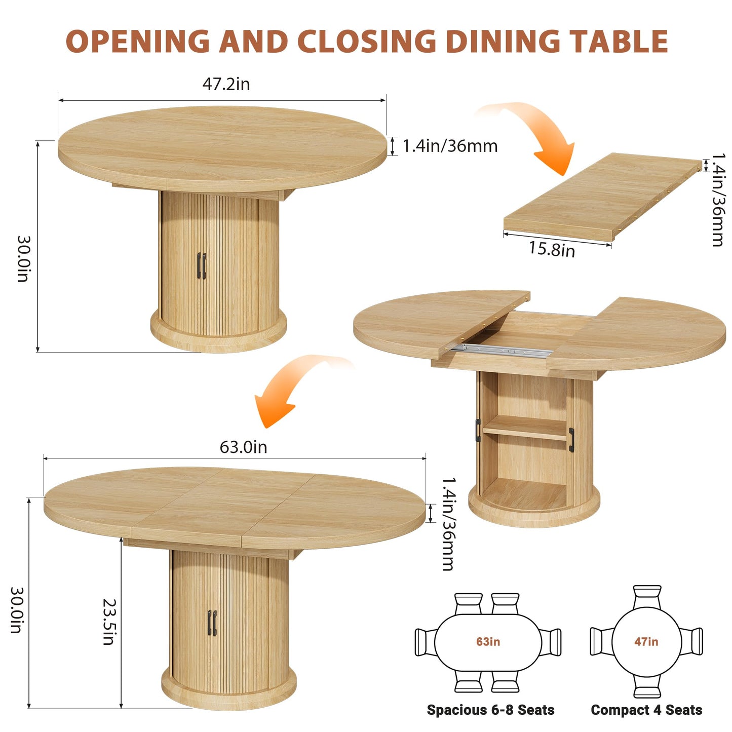 Jocoevol 47″–63″ Extendable Round Dining Table for 4–8 with Dust-Proof 2-Tier Storage Shelf Space-Saving Expandable Dining Room Table Wood Oval Circle Dining Table with Pedestal Base (Natural)